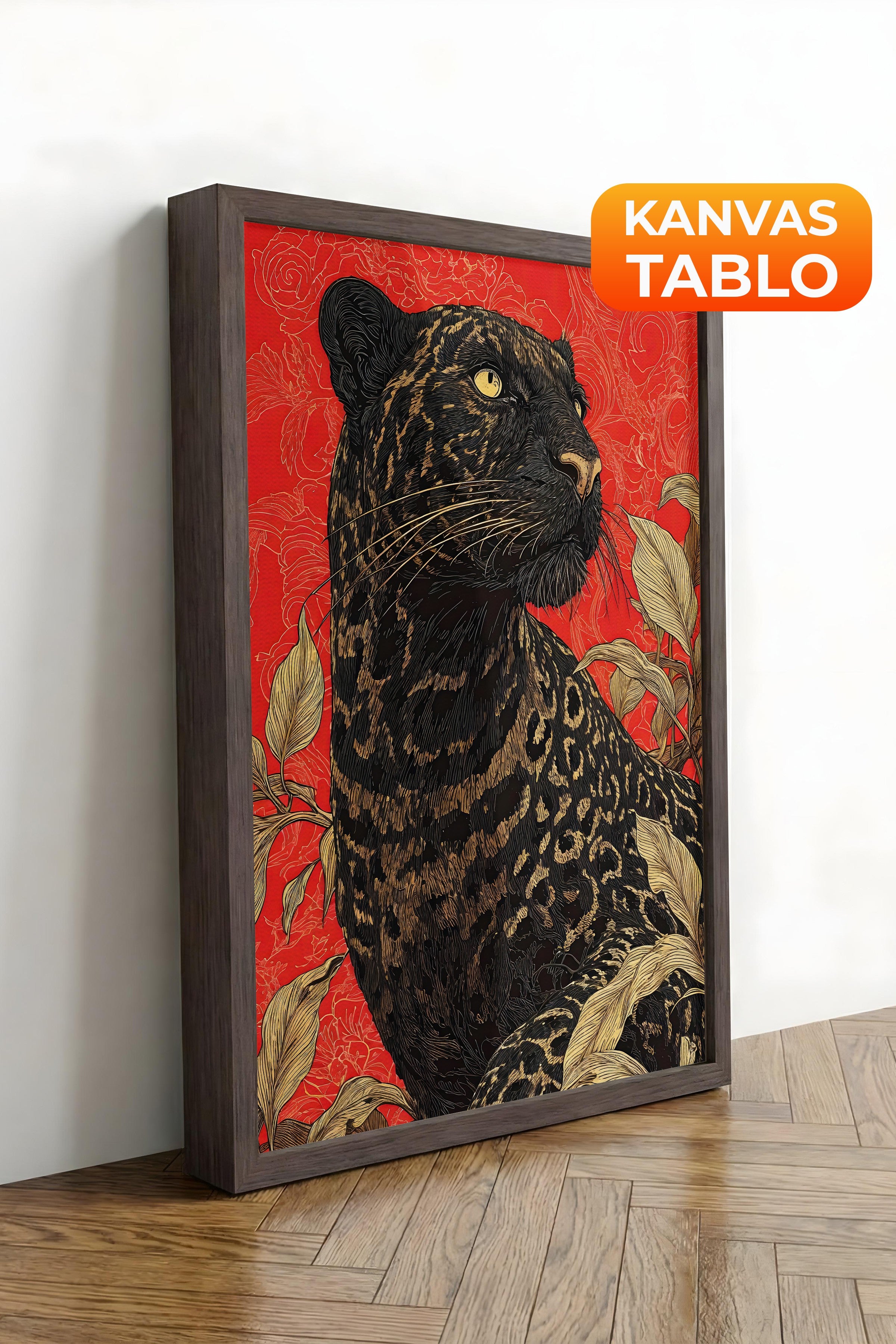Duvar Tablosu, Lüks Kahverengi Çerçeveli Kanvas Tablo, Ritüel Serisi, Leopar Tablo, NO:115265