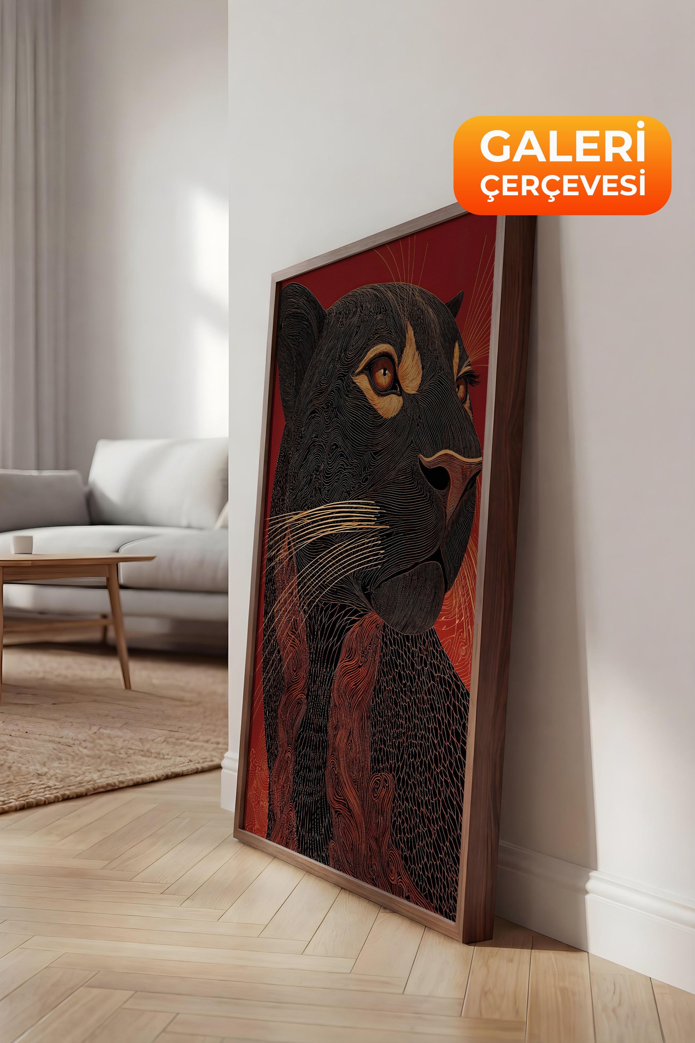 Duvar Tablosu, Lüks Kahverengi Çerçeveli Kanvas Tablo, Ritüel Serisi, Leopar Tablo, NO:115267