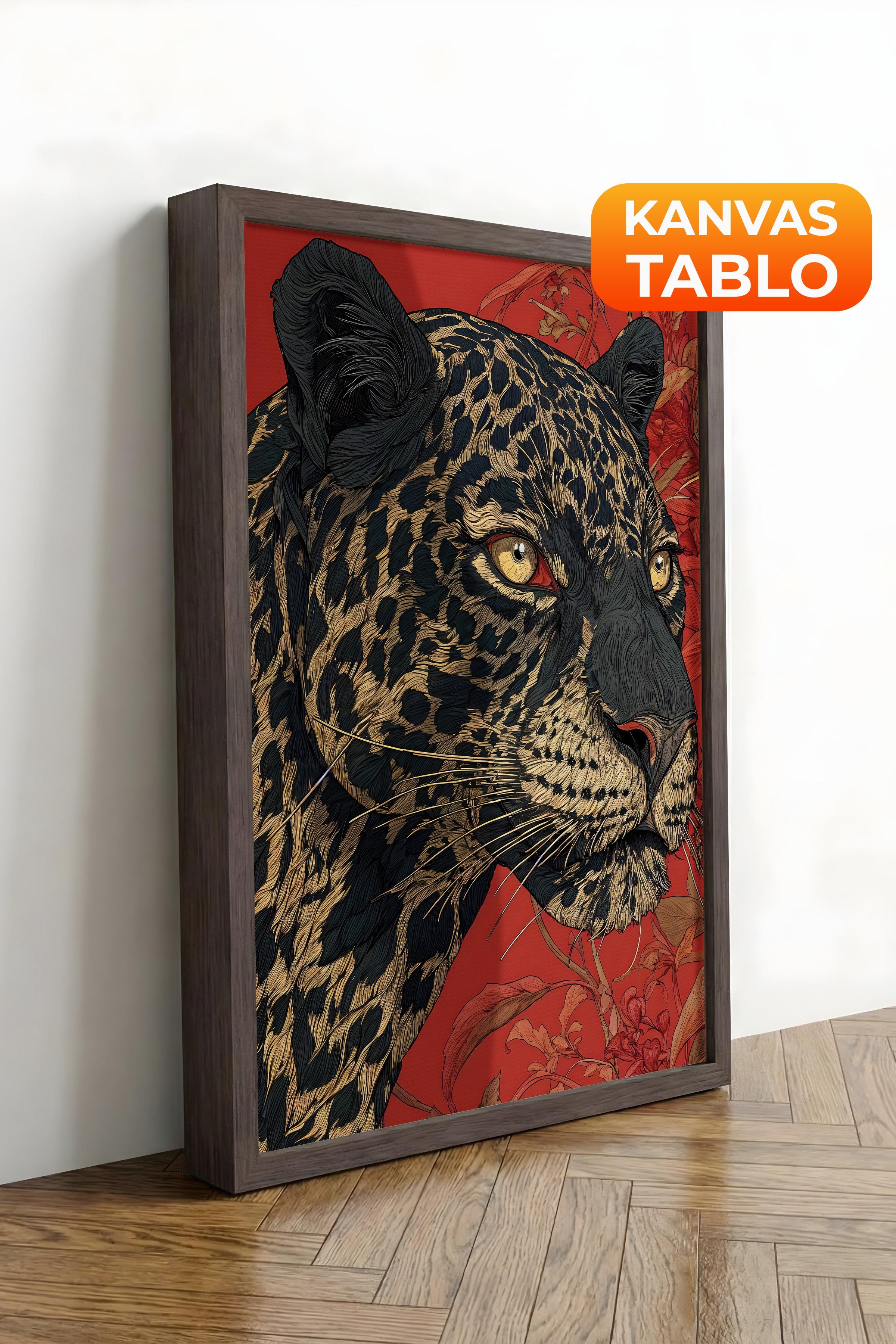 Duvar Tablosu, Lüks Kahverengi Çerçeveli Kanvas Tablo, Ritüel Serisi, Leopar Tablo, NO:115268