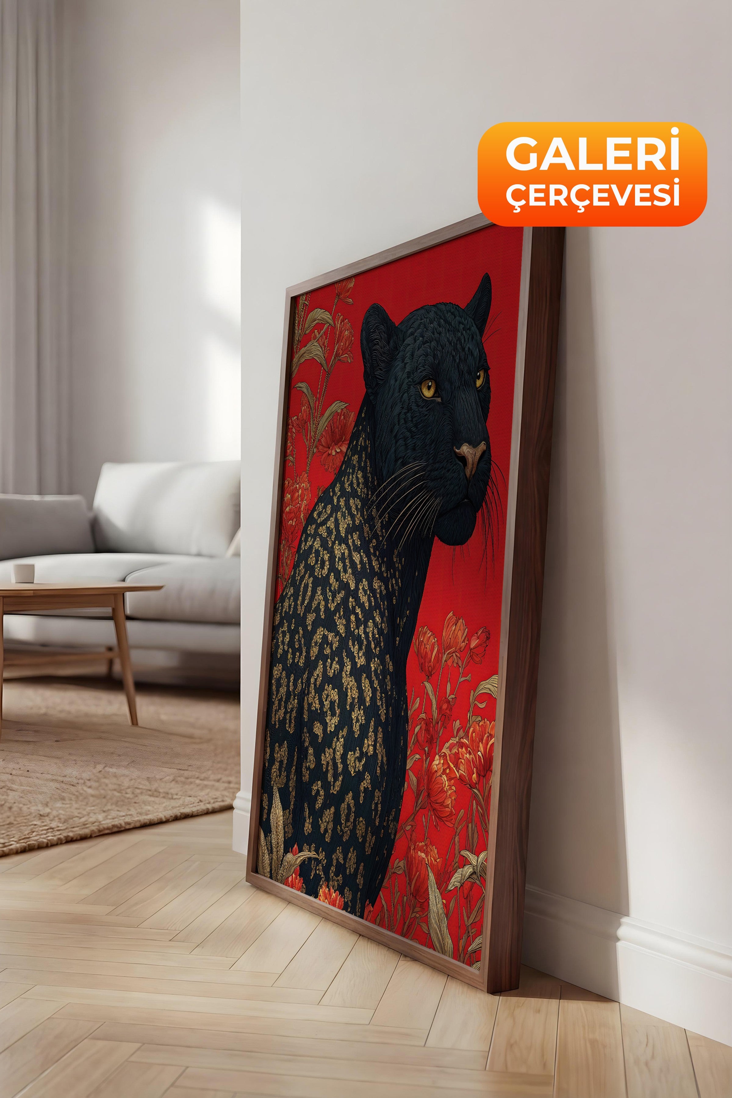 Duvar Tablosu, Lüks Kahverengi Çerçeveli Kanvas Tablo, Ritüel Serisi, Leopar Tablo, NO:115269