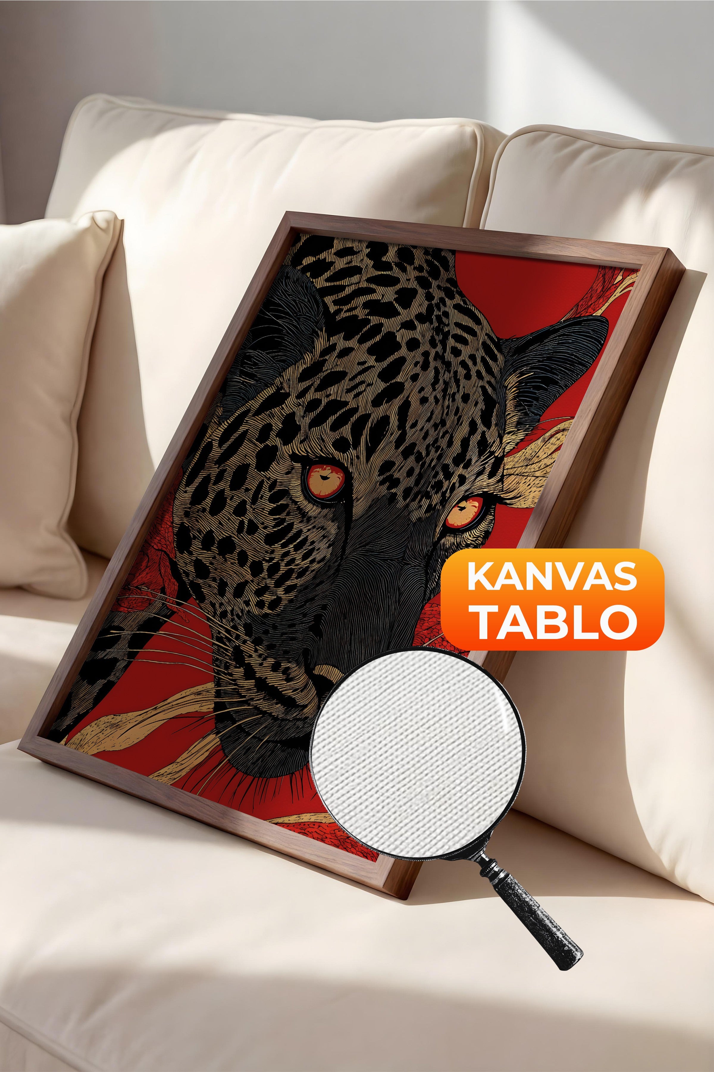 Duvar Tablosu, Lüks Kahverengi Çerçeveli Kanvas Tablo, Ritüel Serisi, Leopar Tablo, NO:115270