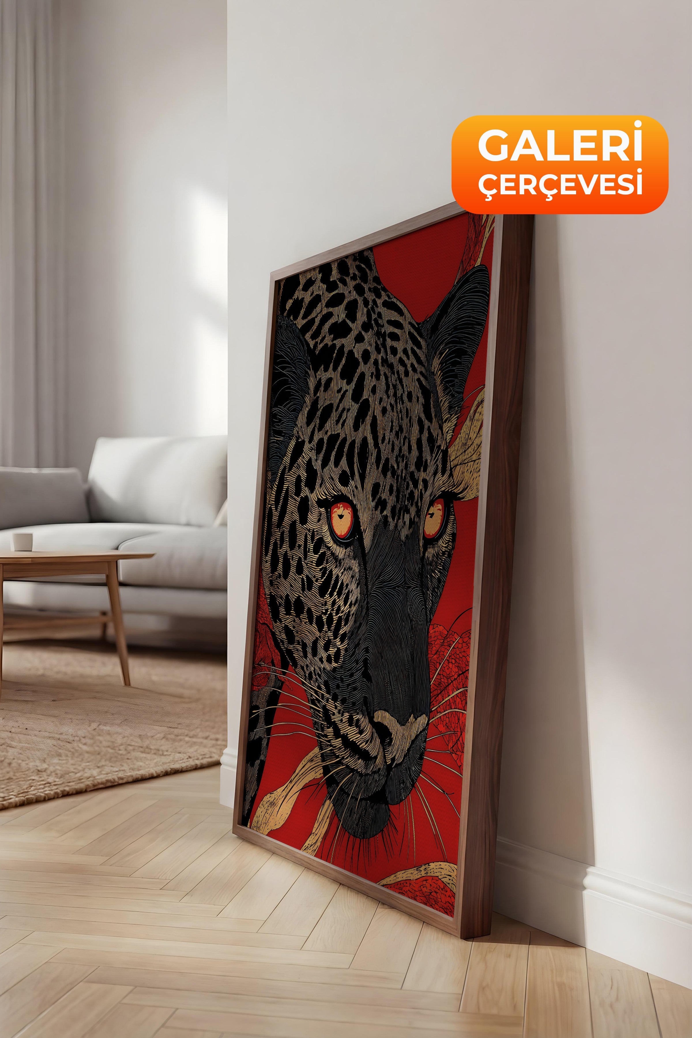 Duvar Tablosu, Lüks Kahverengi Çerçeveli Kanvas Tablo, Ritüel Serisi, Leopar Tablo, NO:115270