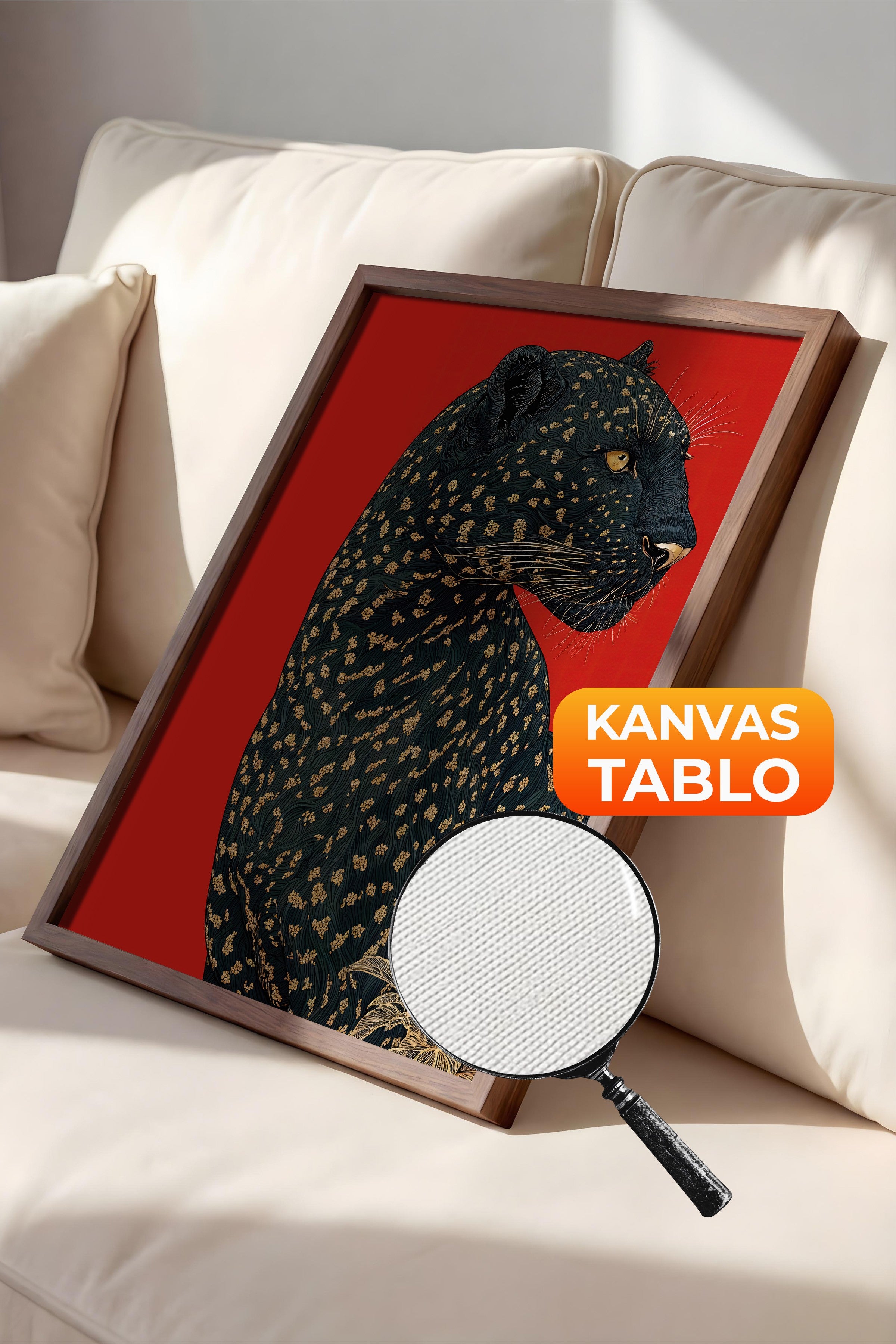 Duvar Tablosu, Lüks Kahverengi Çerçeveli Kanvas Tablo, Ritüel Serisi, Leopar Tablo, NO:115272