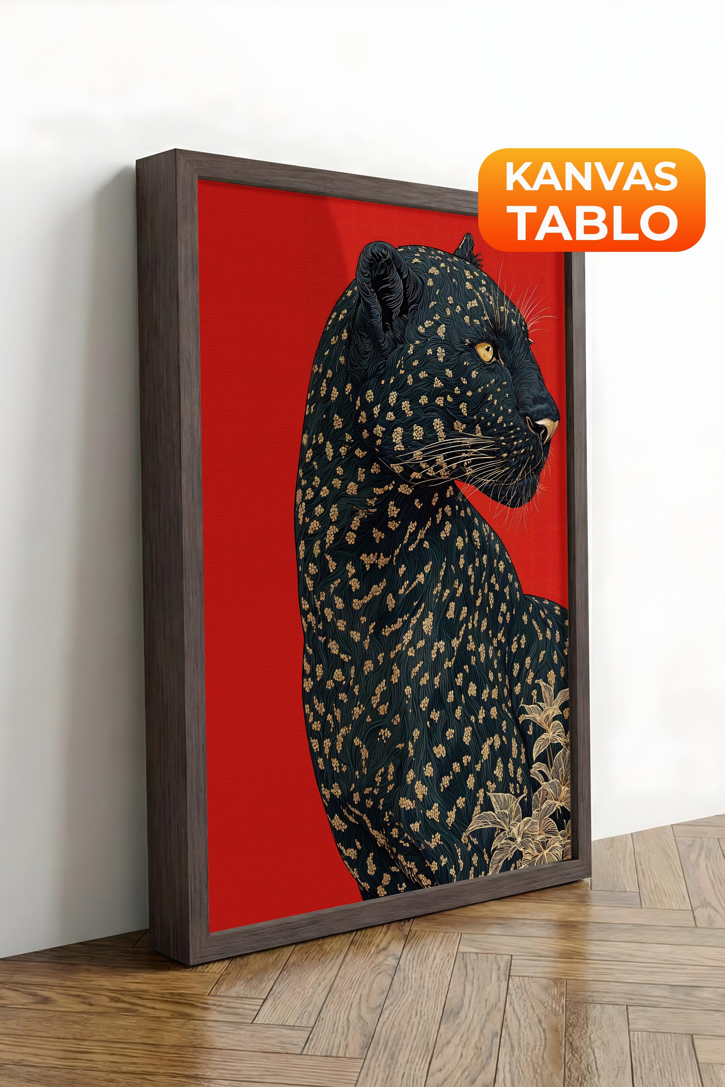 Duvar Tablosu, Lüks Kahverengi Çerçeveli Kanvas Tablo, Ritüel Serisi, Leopar Tablo, NO:115272