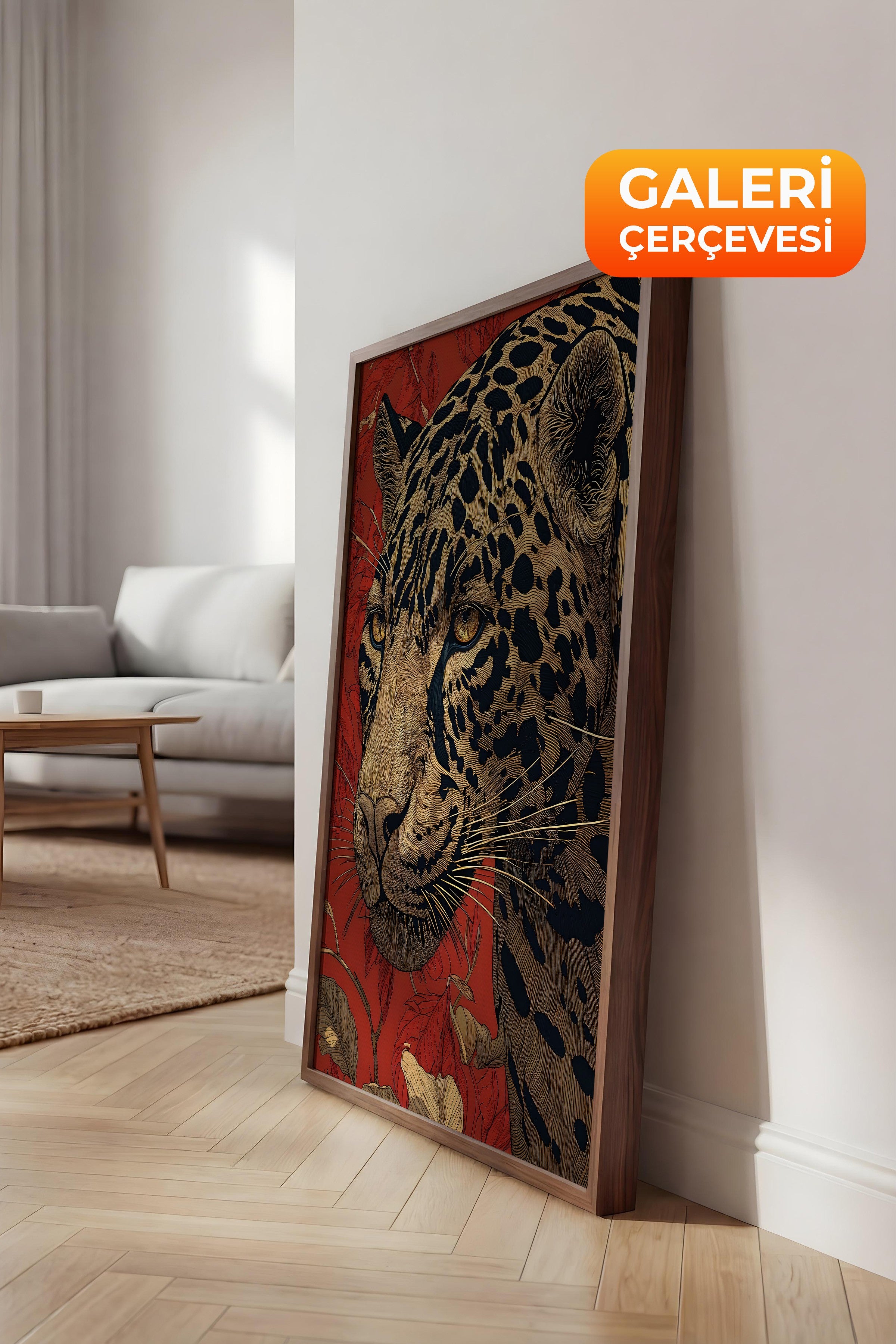 Duvar Tablosu, Lüks Kahverengi Çerçeveli Kanvas Tablo, Ritüel Serisi, Leopar Tablo, NO:115273