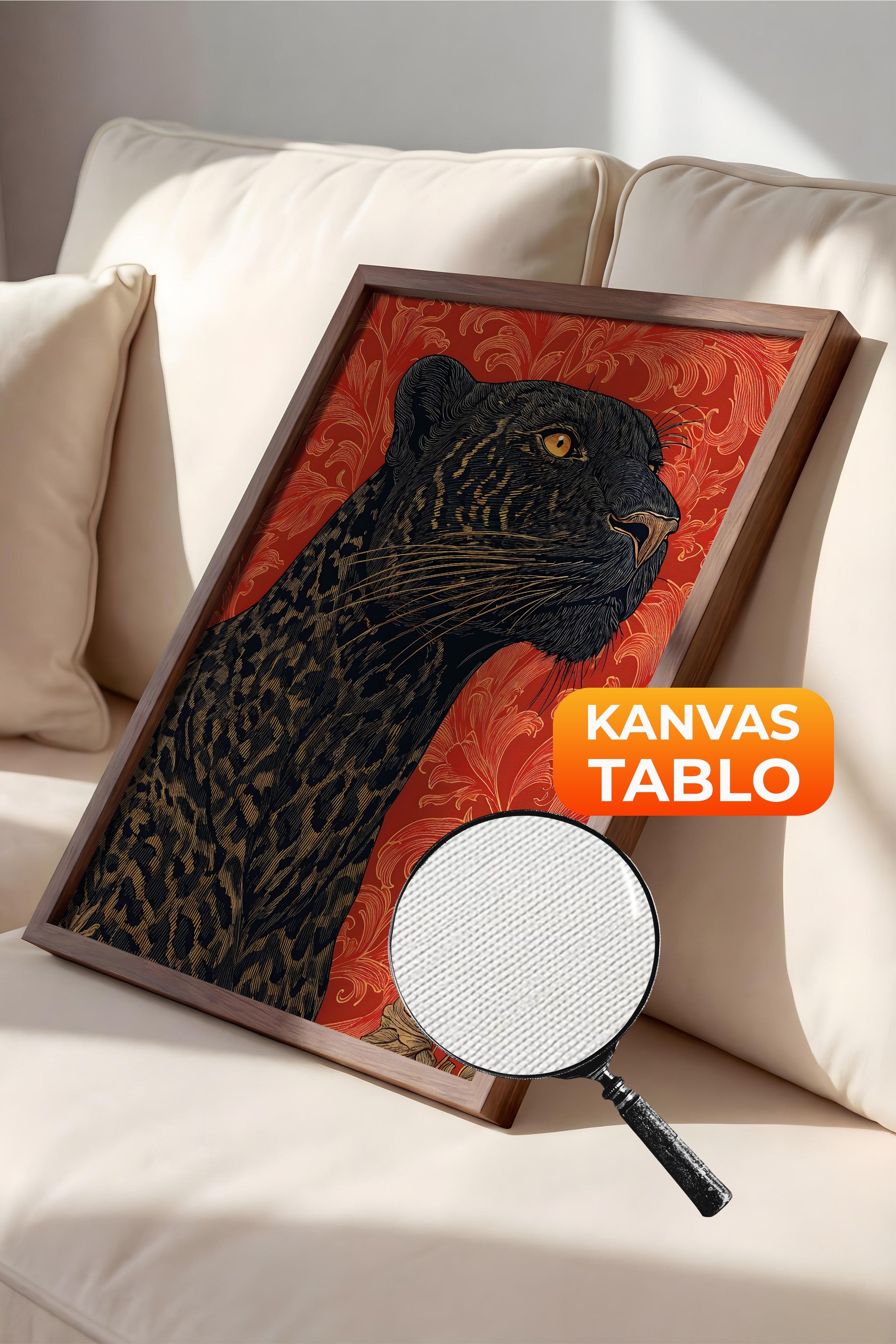 Duvar Tablosu, Lüks Kahverengi Çerçeveli Kanvas Tablo, Ritüel Serisi, Leopar Tablo, NO:115274