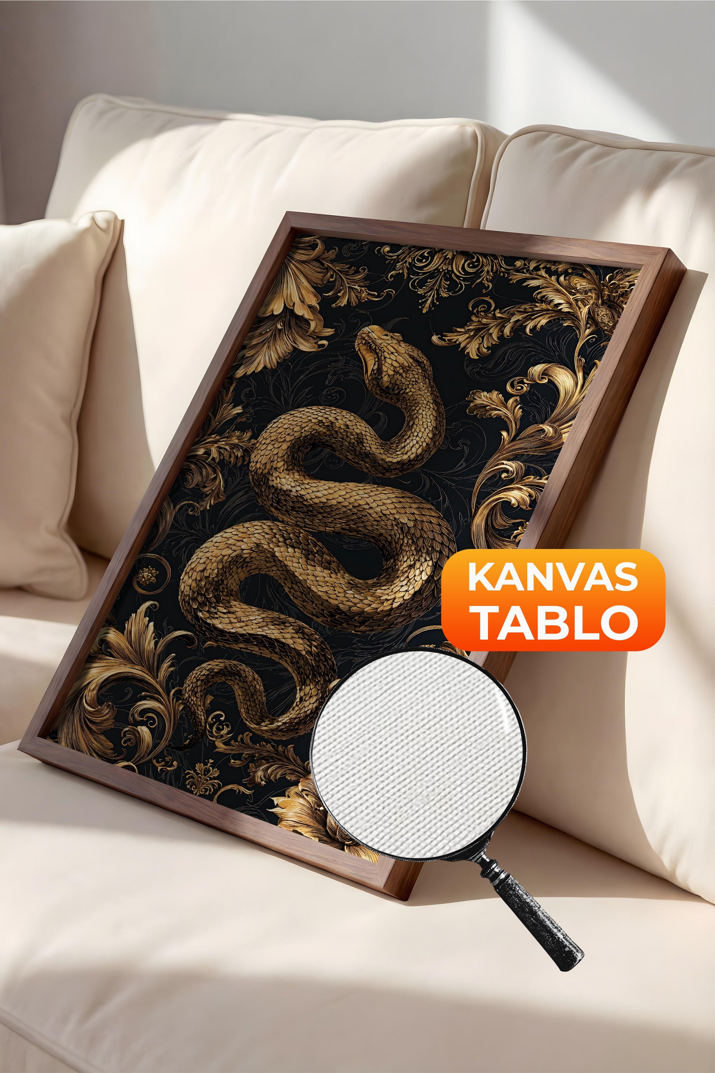 Duvar Tablosu, Lüks Kahverengi Çerçeveli Kanvas Tablo, Ritüel Serisi, Yılan Tablo, NO:115249