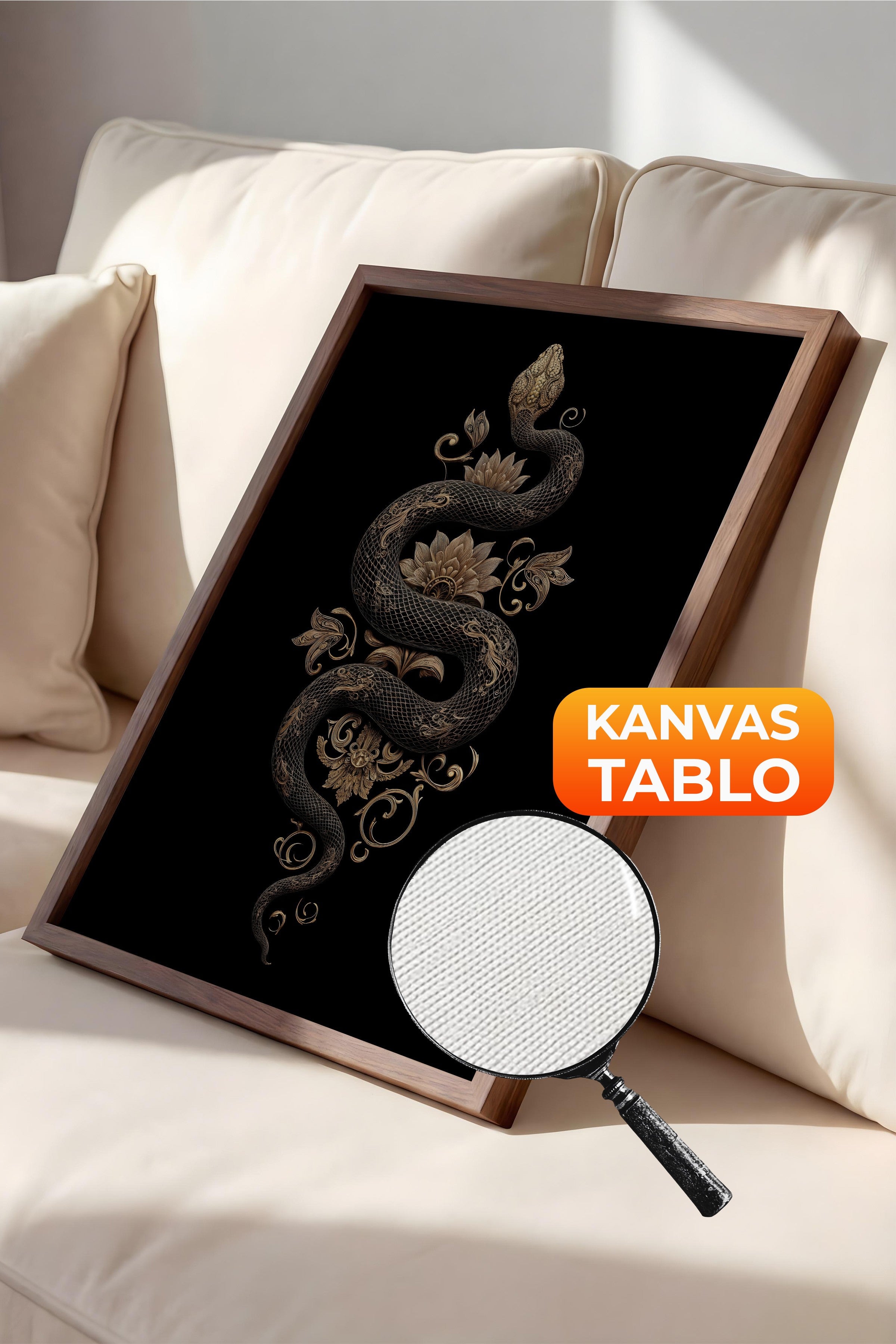 Duvar Tablosu, Lüks Kahverengi Çerçeveli Kanvas Tablo, Ritüel Serisi, Yılan Tablo, NO:115259