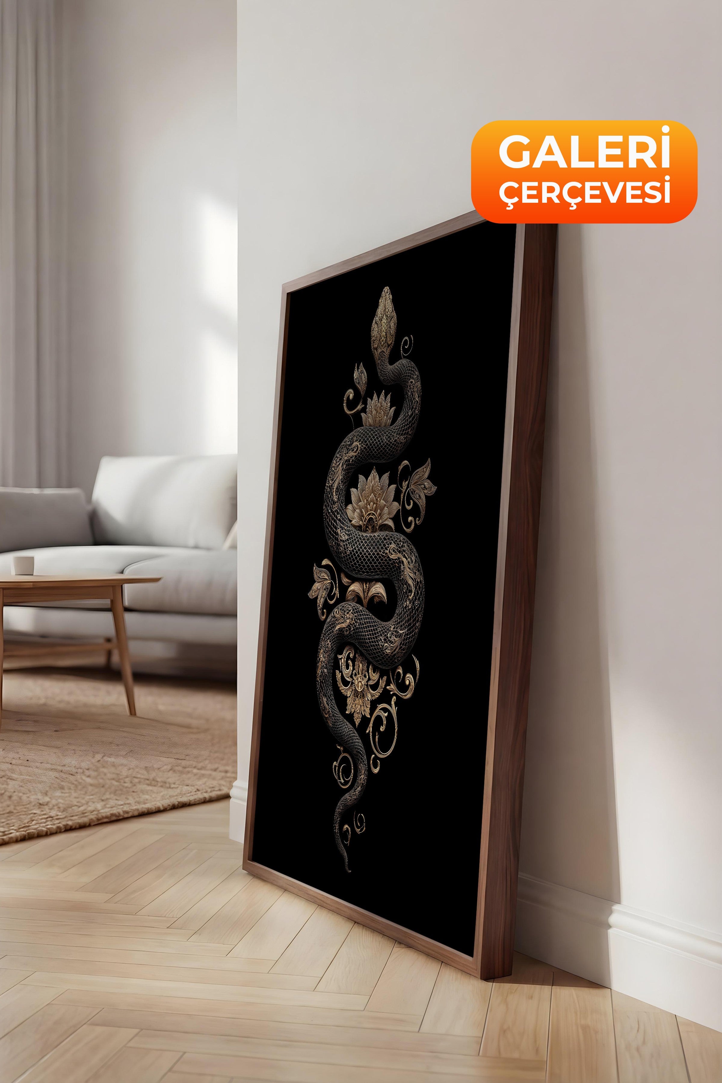 Duvar Tablosu, Lüks Kahverengi Çerçeveli Kanvas Tablo, Ritüel Serisi, Yılan Tablo, NO:115259