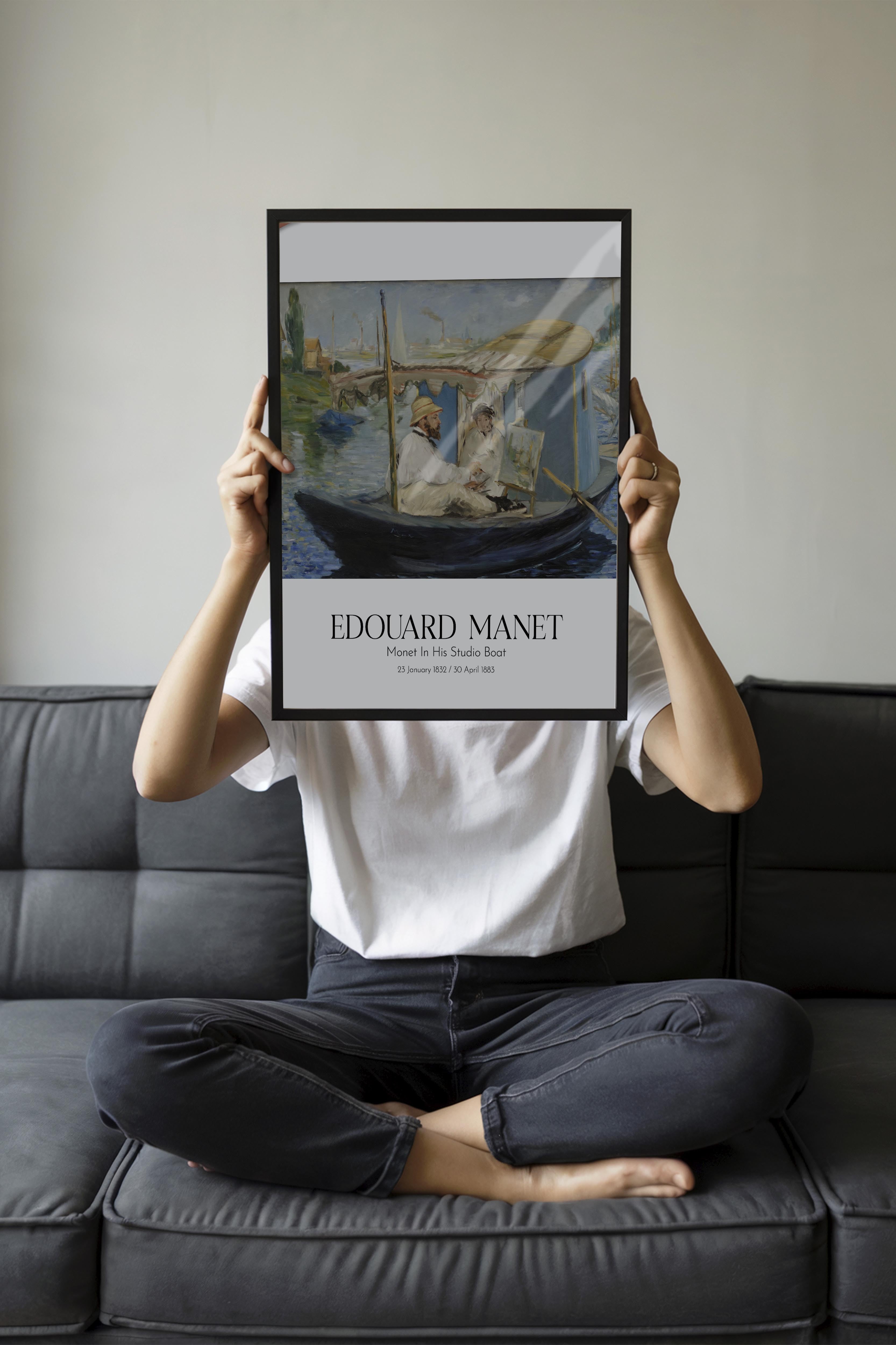 Edouard Manet - Monet In His Studio Boat, Siyah Çerçeveli Tablo, Sanat Serisi NO:111679