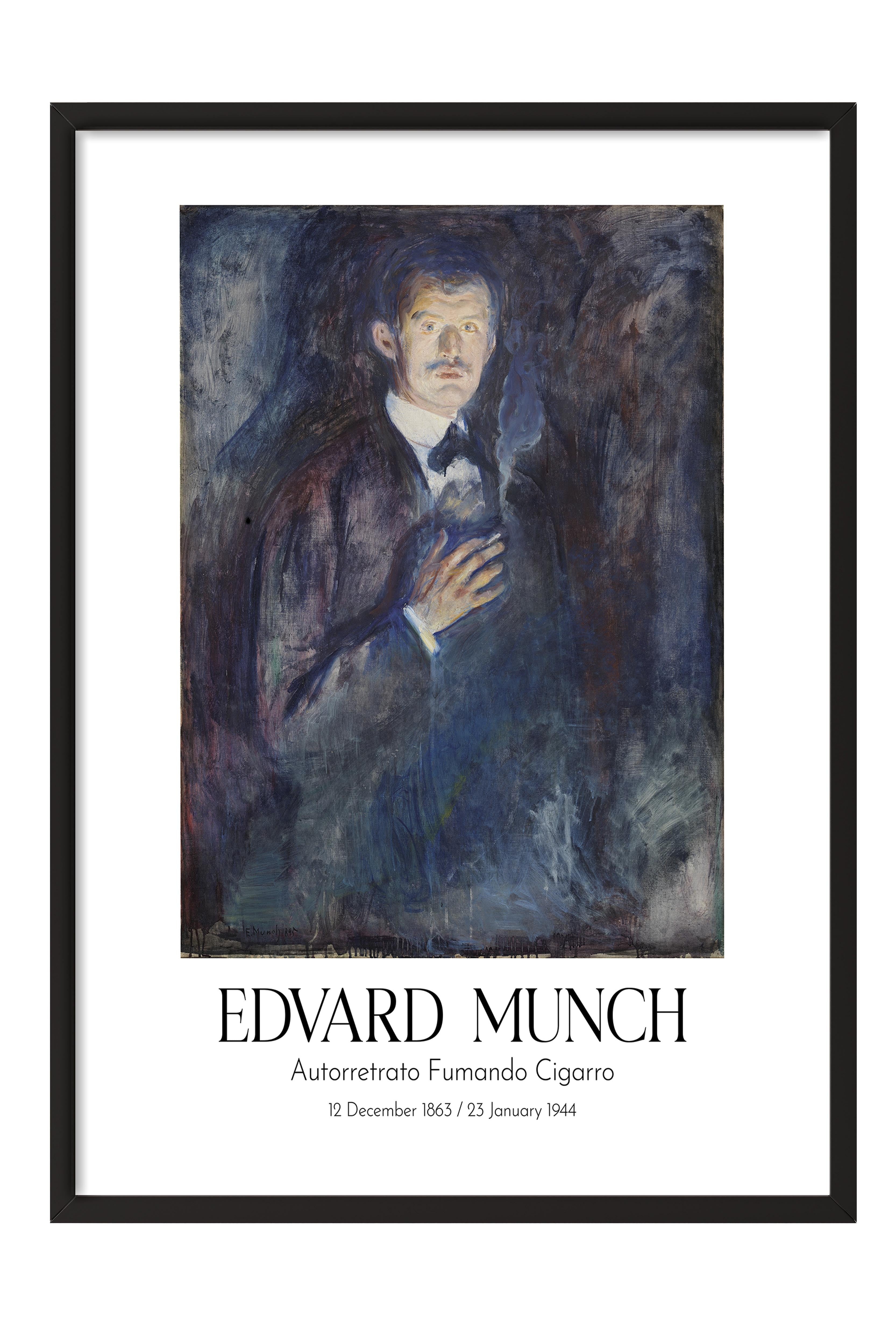 Edvard Munch - Autorretrato Fumando Cigarro, Siyah Çerçeveli Tablo, Sanat Serisi NO:111707