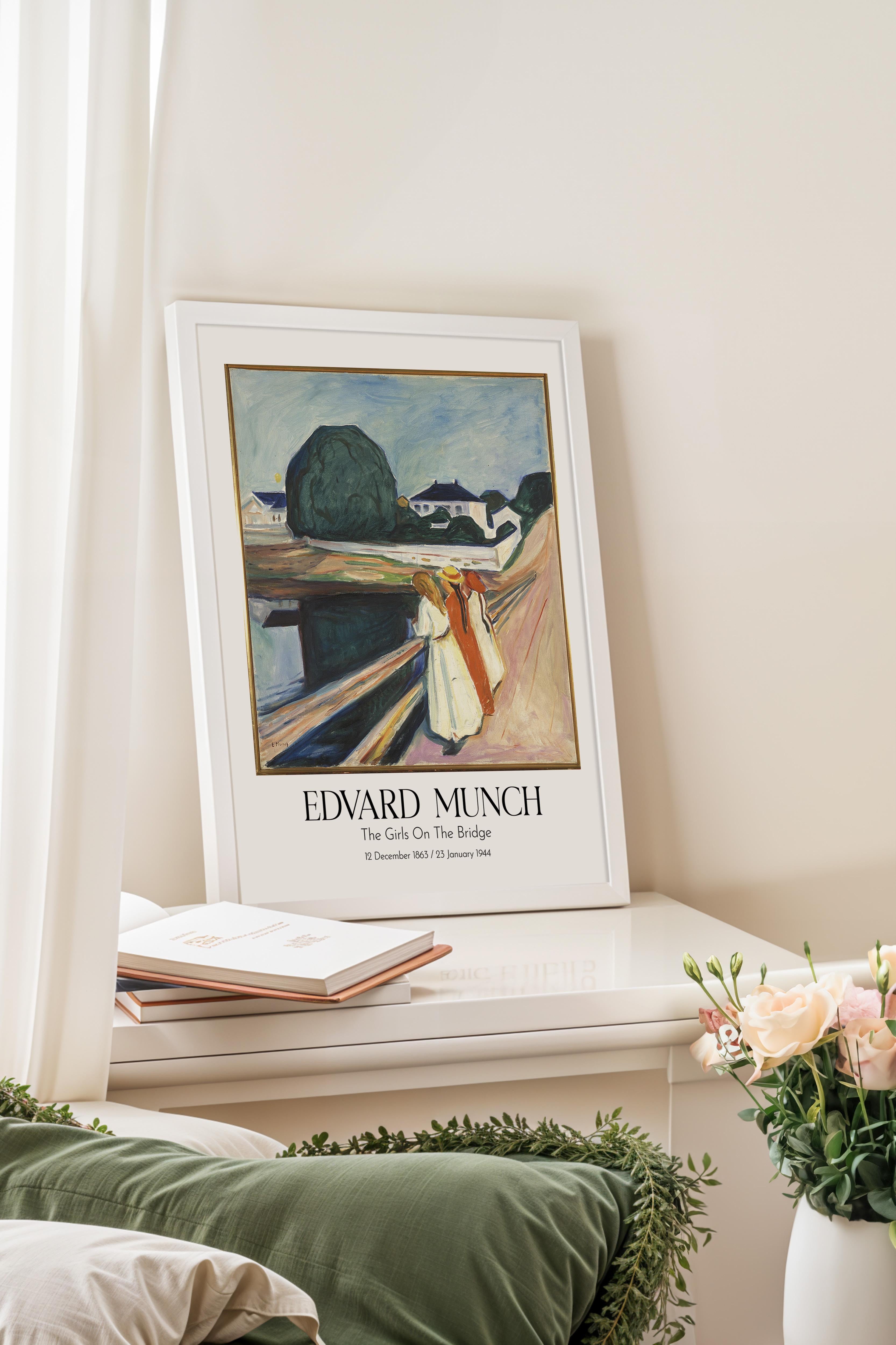 Edvard Munch - The Girls On The Bridge, Beyaz Çerçeveli Tablo, Sanat Serisi NO:111725