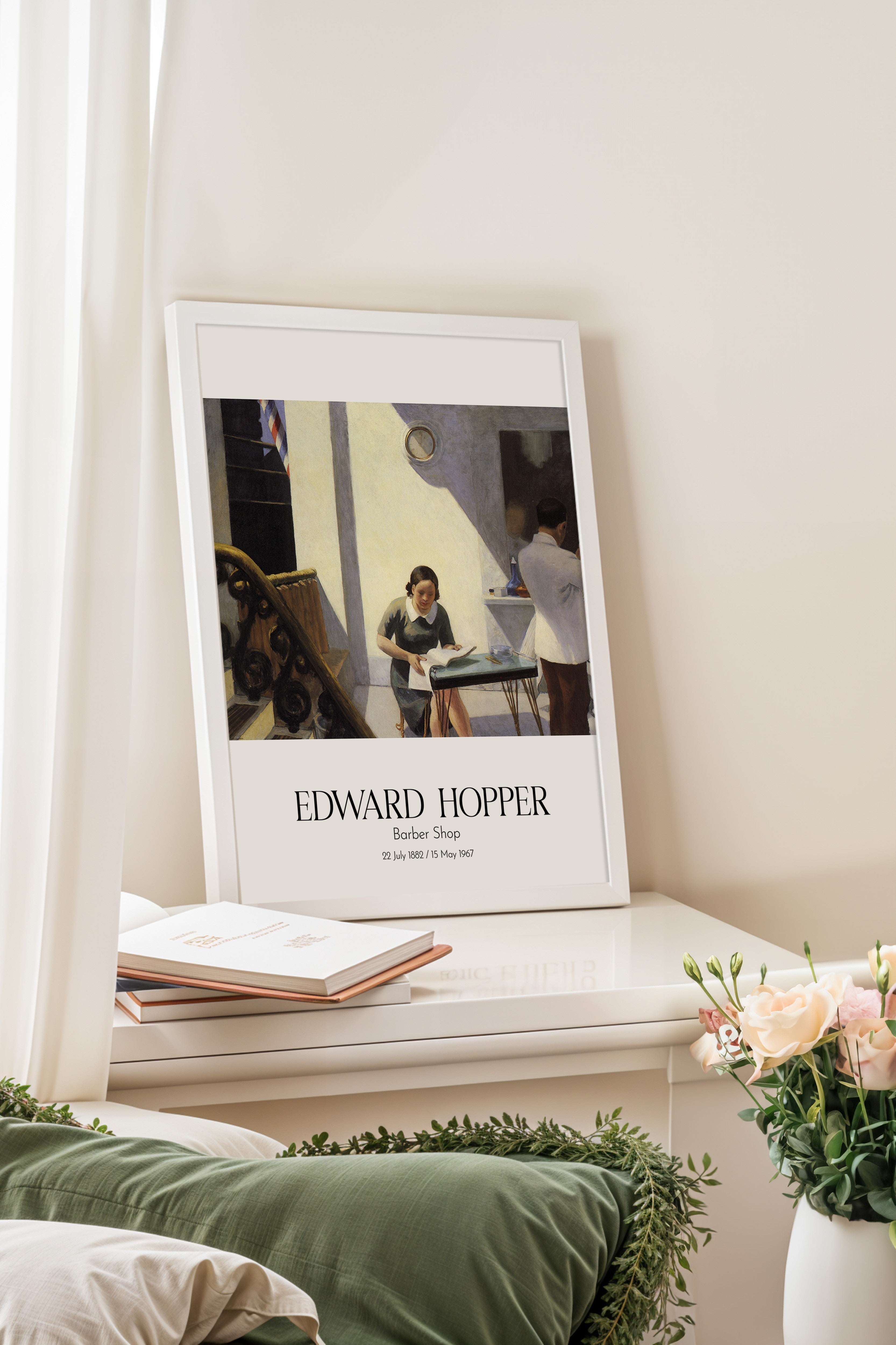 Edward Hopper - Barber Shop, Beyaz Çerçeveli Tablo, Sanat Serisi NO:110170