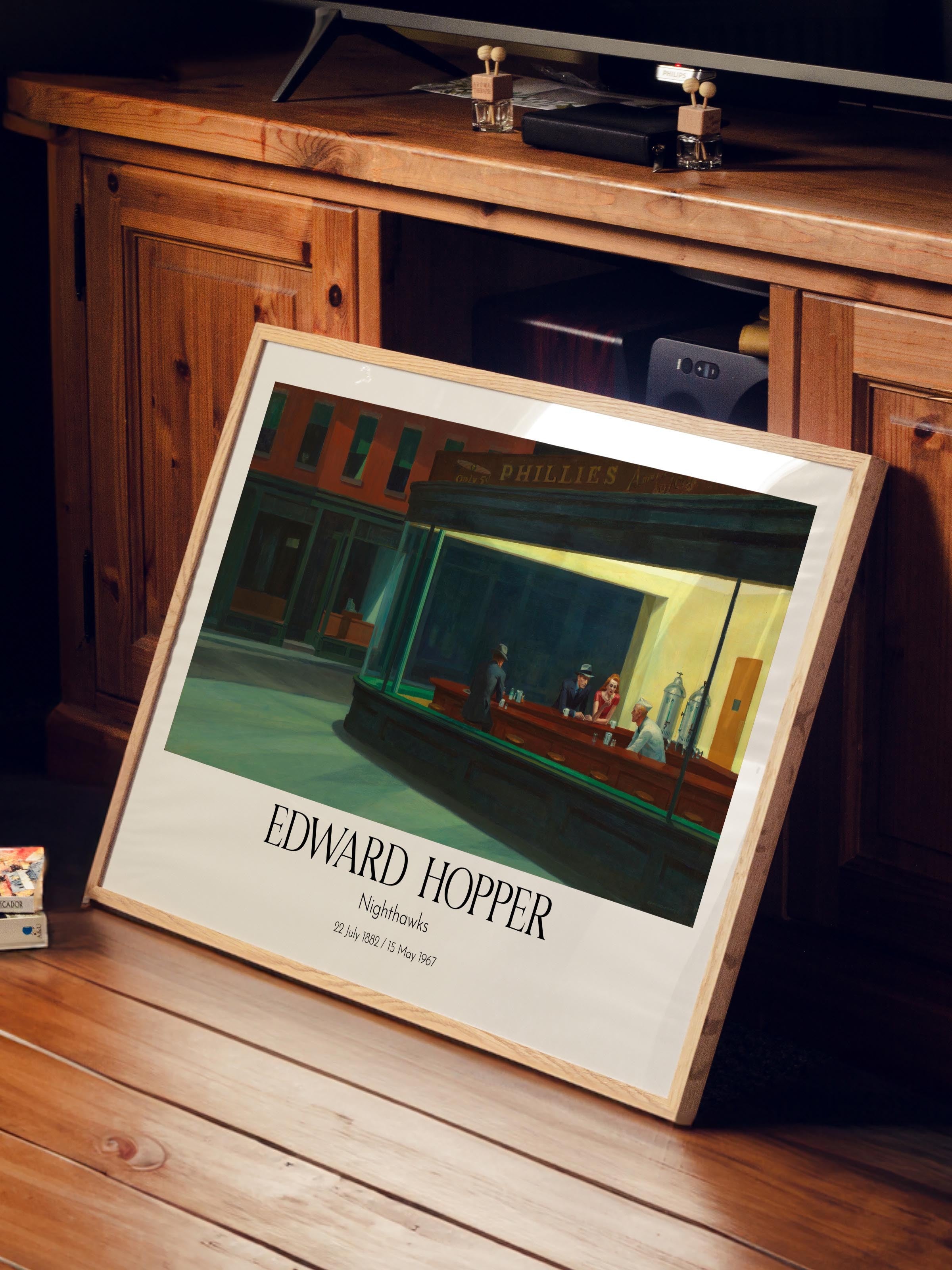 Edward Hopper - Nighthawks, Ahşap Çerçeveli Tablo, Sanat Serisi NO:110192