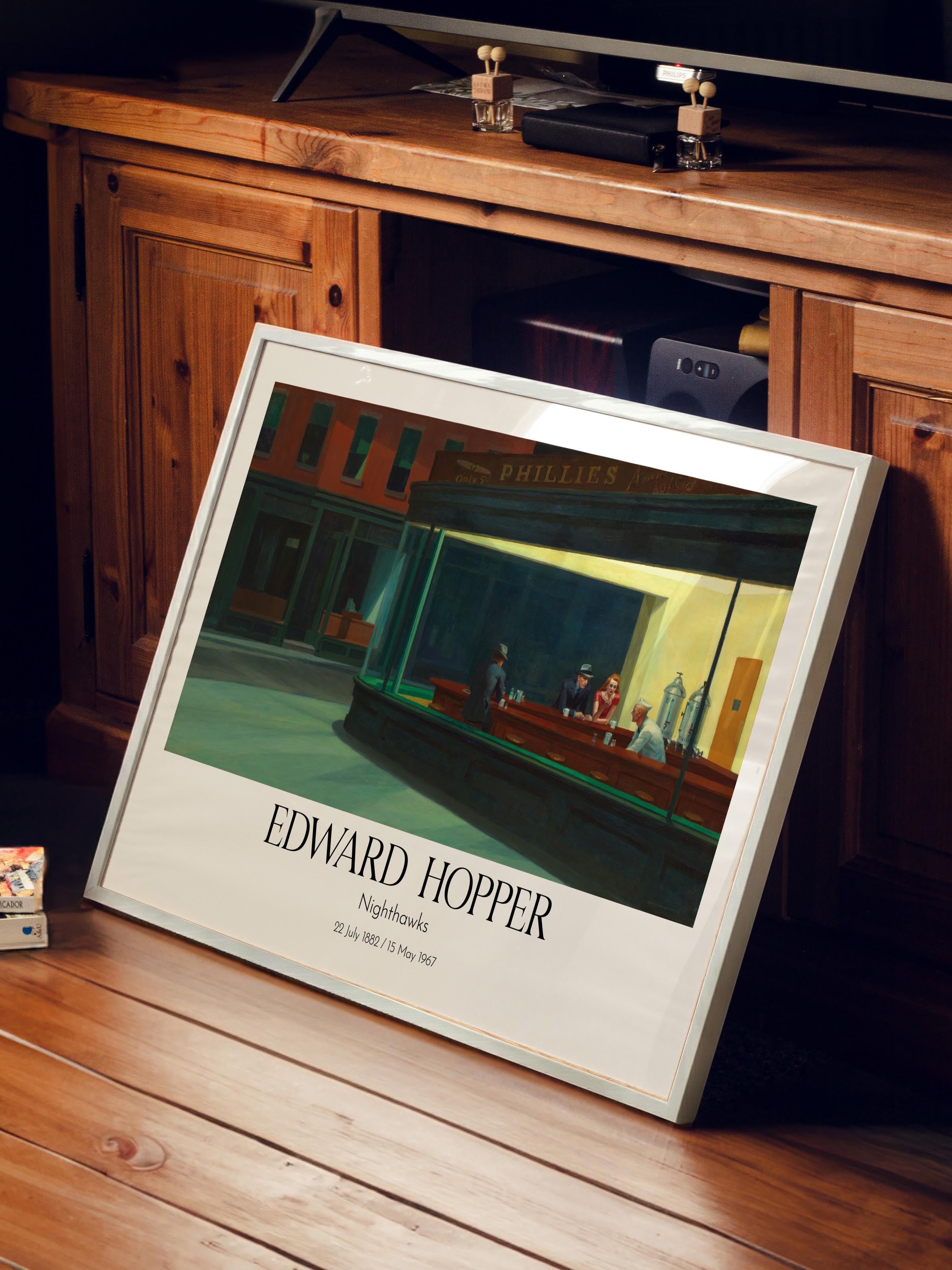 Edward Hopper - Nighthawks, Beyaz Çerçeveli Tablo, Sanat Serisi NO:110192