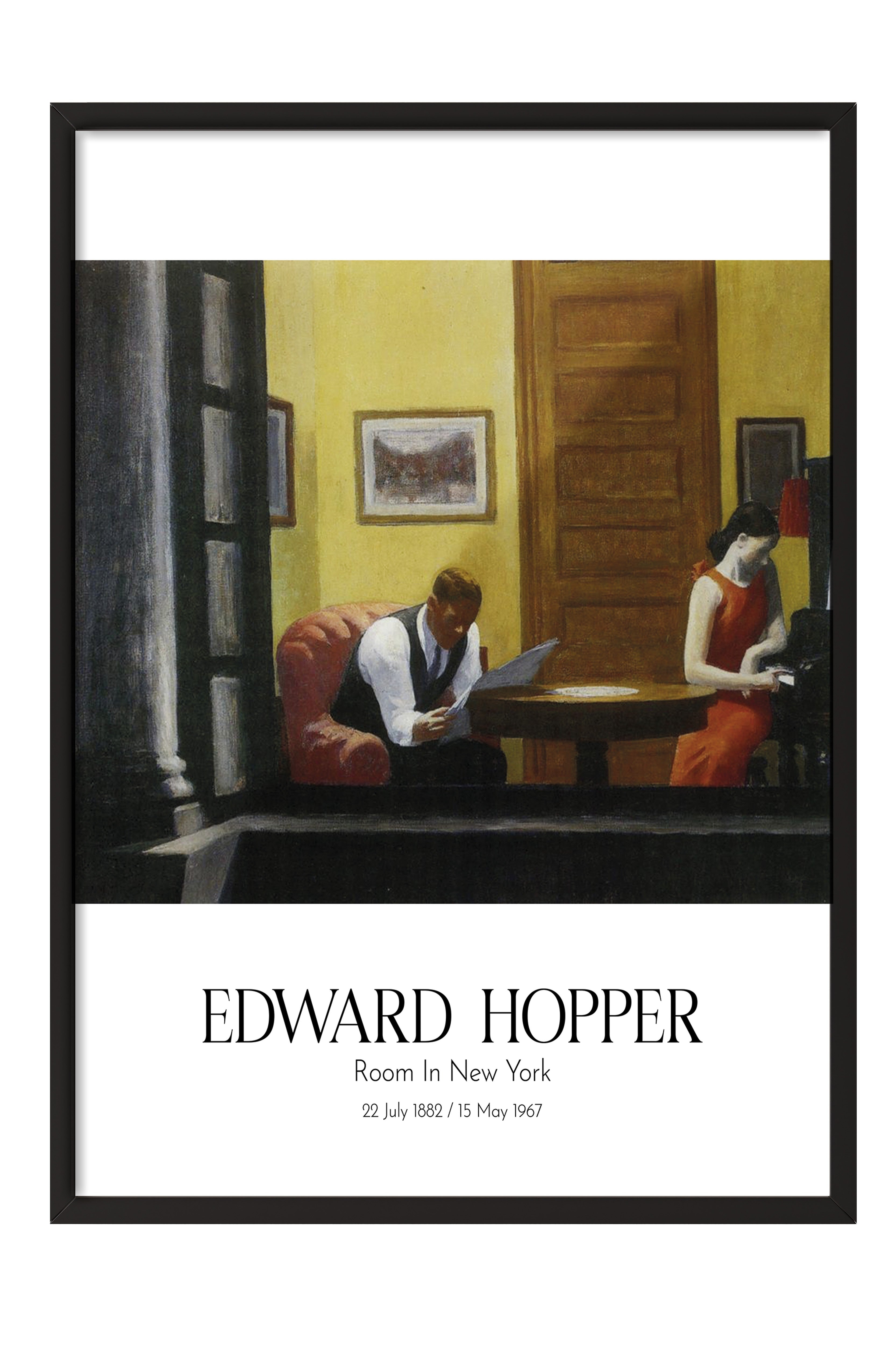 Edward Hopper - Room In New York, Siyah Çerçeveli Tablo, Sanat Serisi NO:110179