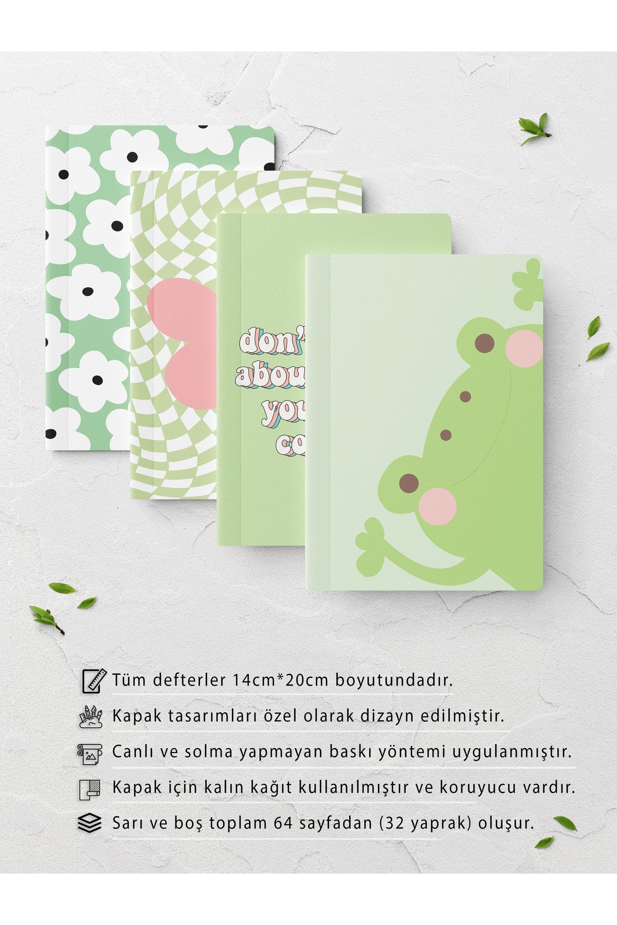 Yeşil Çizgisiz Defter Seti - 4 Adet - 14cm*20cm - 64 Sayfa