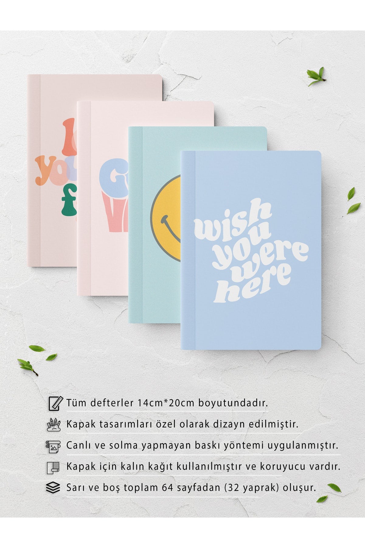 Rengarenk Çizgisiz Defter Seti - 4 Adet - 14cm*20cm - 64 Sayfa
