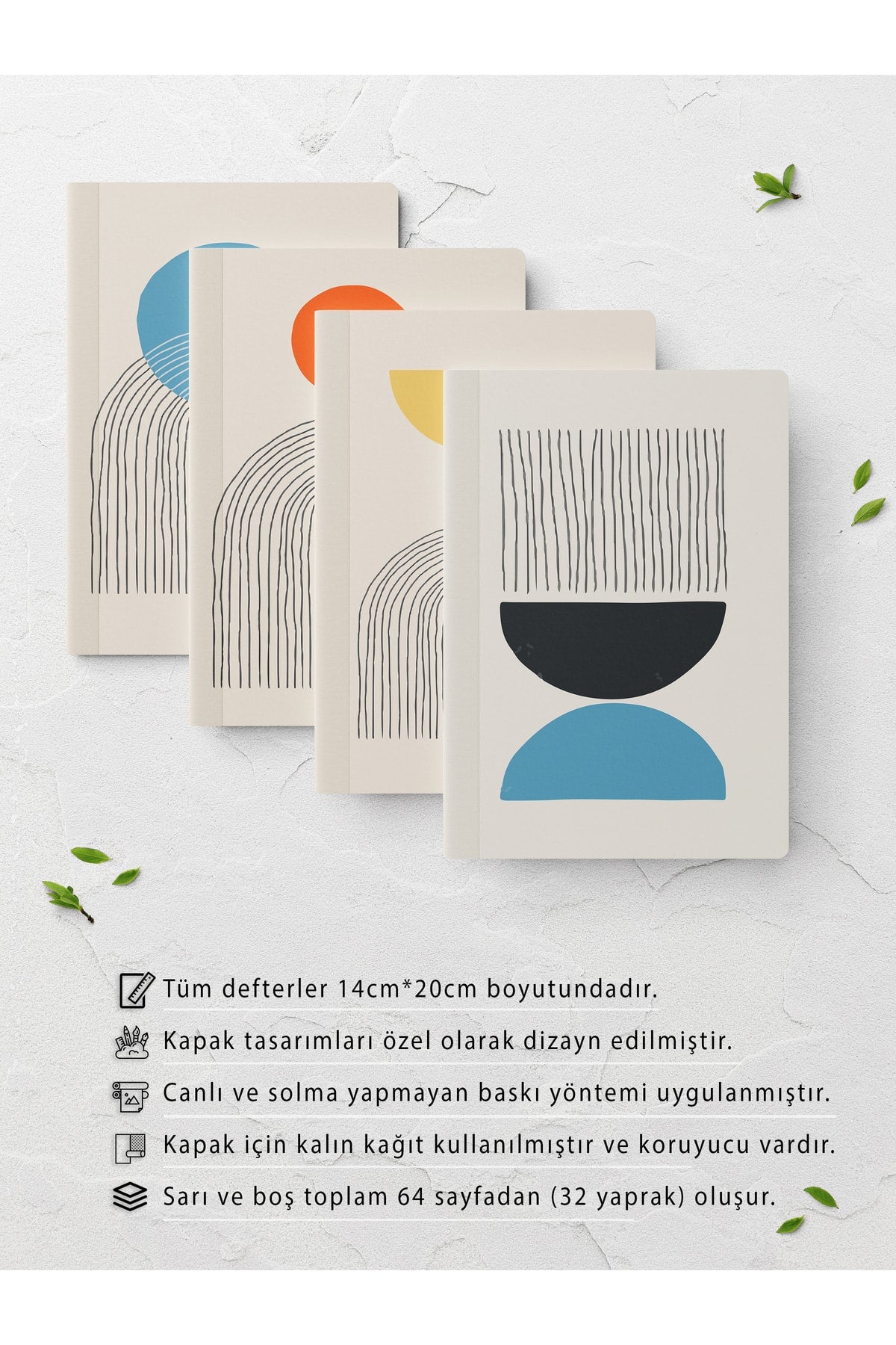 Geometrik Çizgisiz Defter Seti - 4 Adet - 14cm*20cm - 64 Sayfa