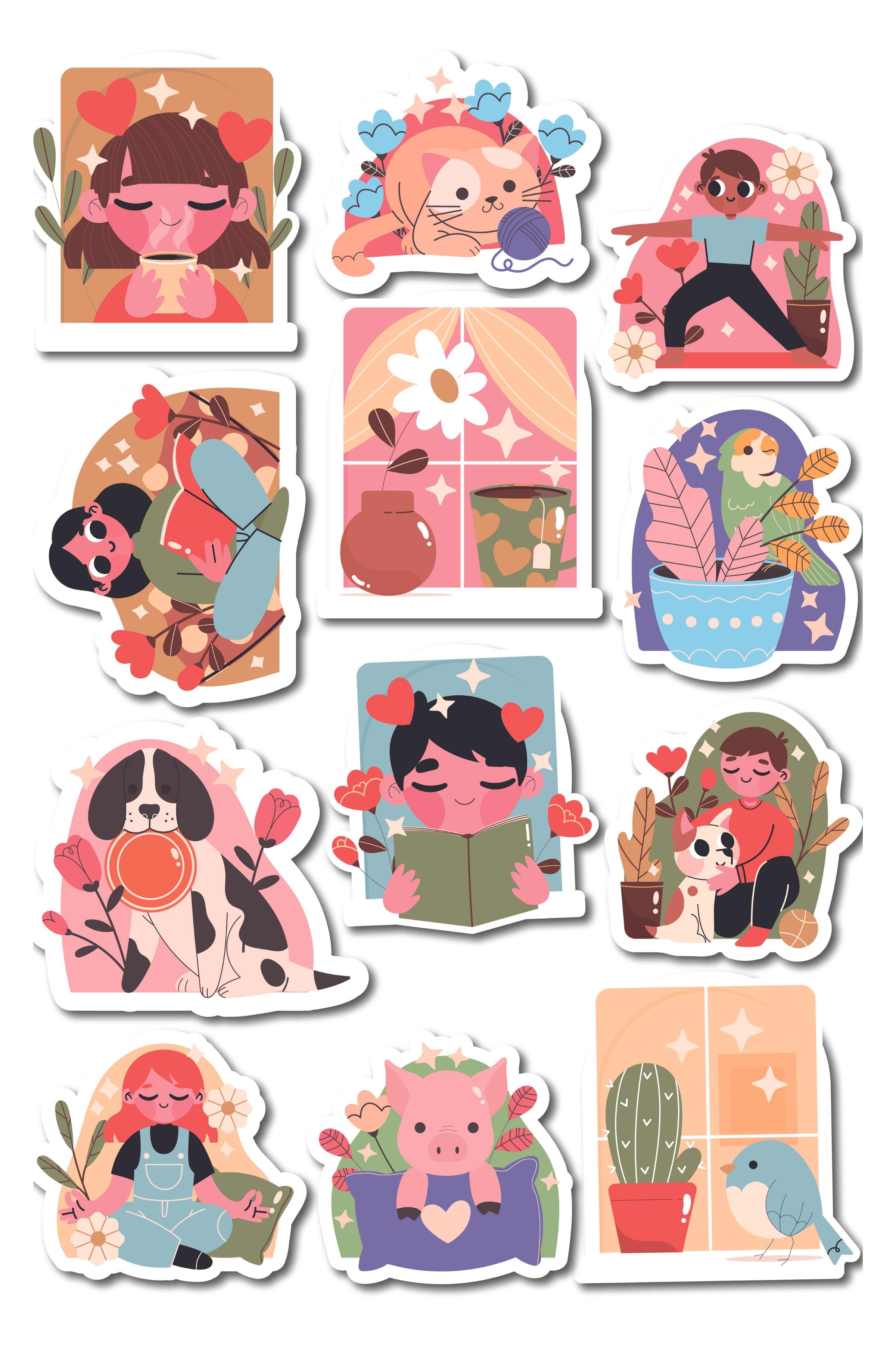 Flowers Temalı Sticker ve Etiket Seti - Orta Boy - Su Geçirmez, Kalın Yapışkanlı Sticker Seti