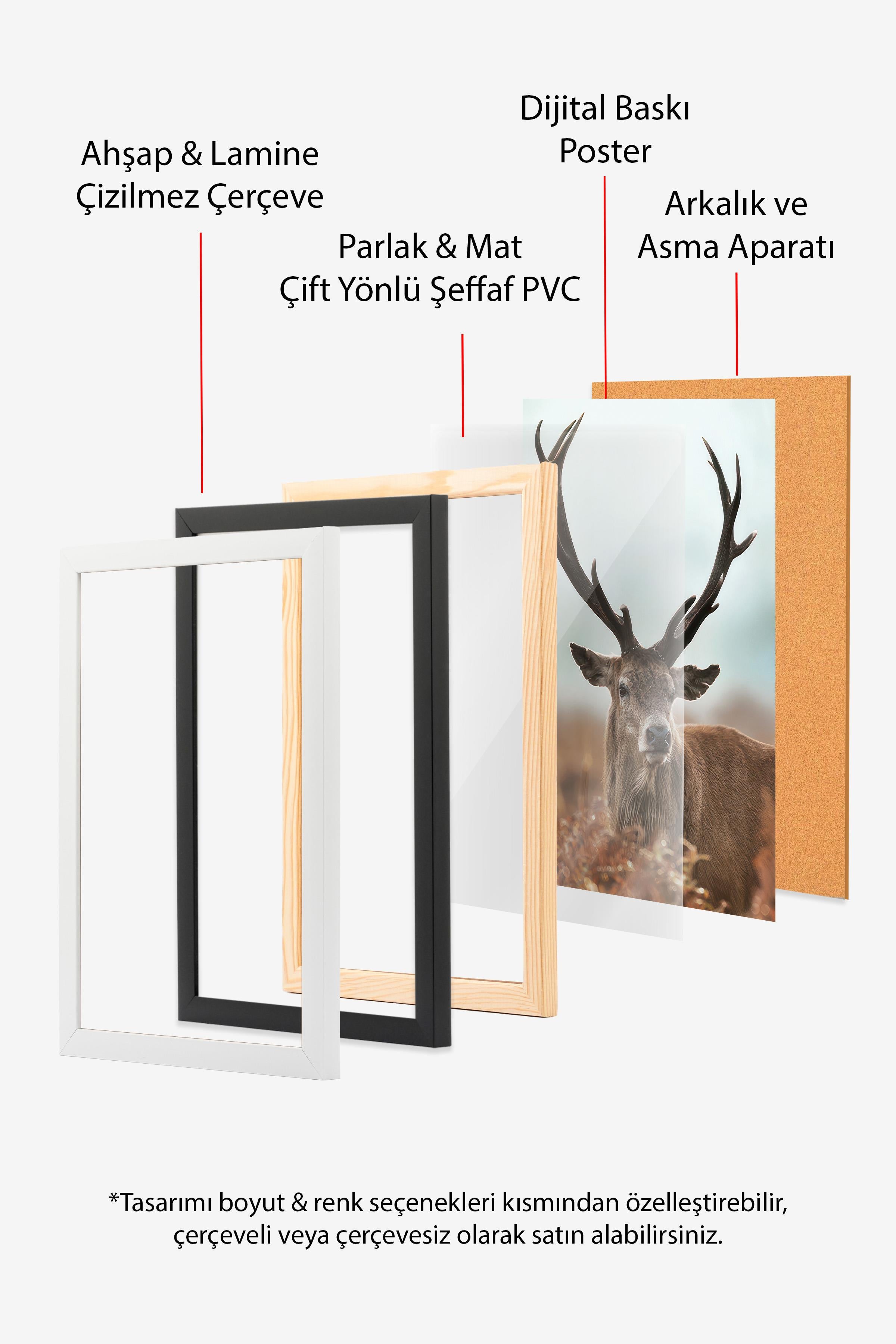 Forest Stag Çerçeveli Tablo, Siyah Çerçeve ve Poster, Dikey Duvar Tablosu Comfort Serisi NO:108443