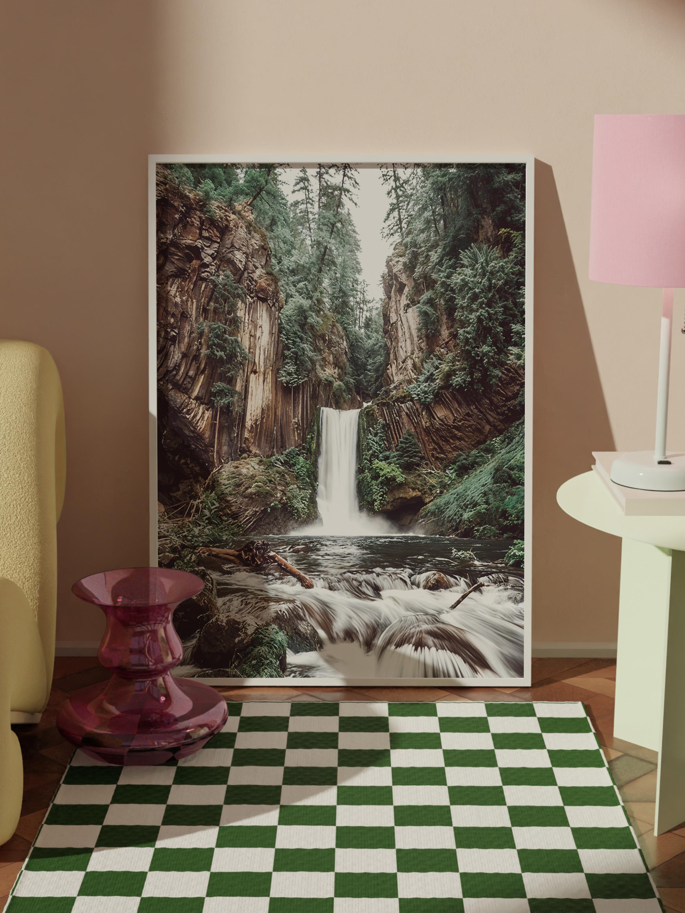 Forest Waterfall Çerçeveli Tablo, Beyaz Çerçeve ve Poster, Duvar Tablosu Comfort Serisi NO:108406