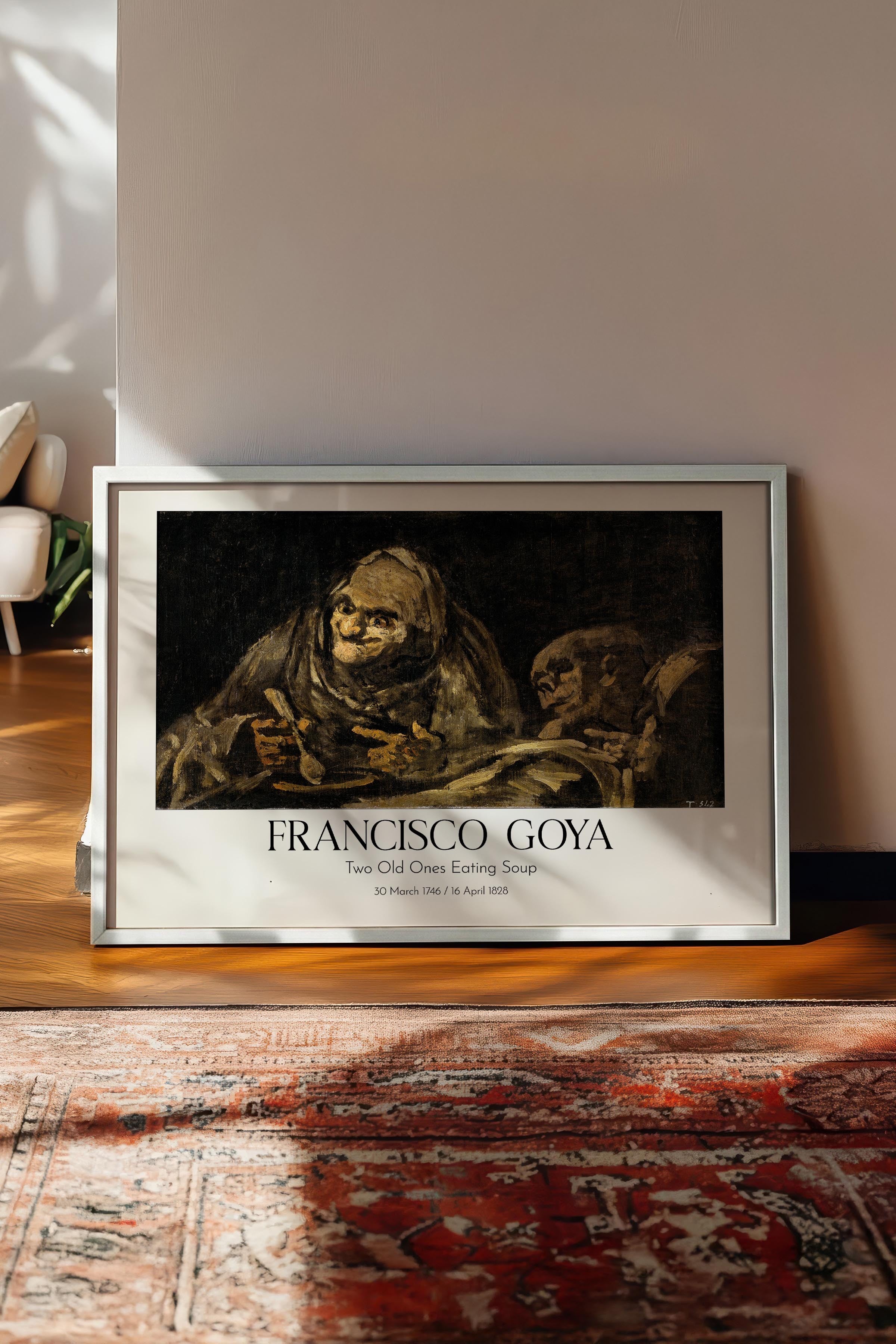 Francisco Goya - Two Old Ones Eating Soup, Beyaz Çerçeveli Tablo, Sanat Serisi NO:111883