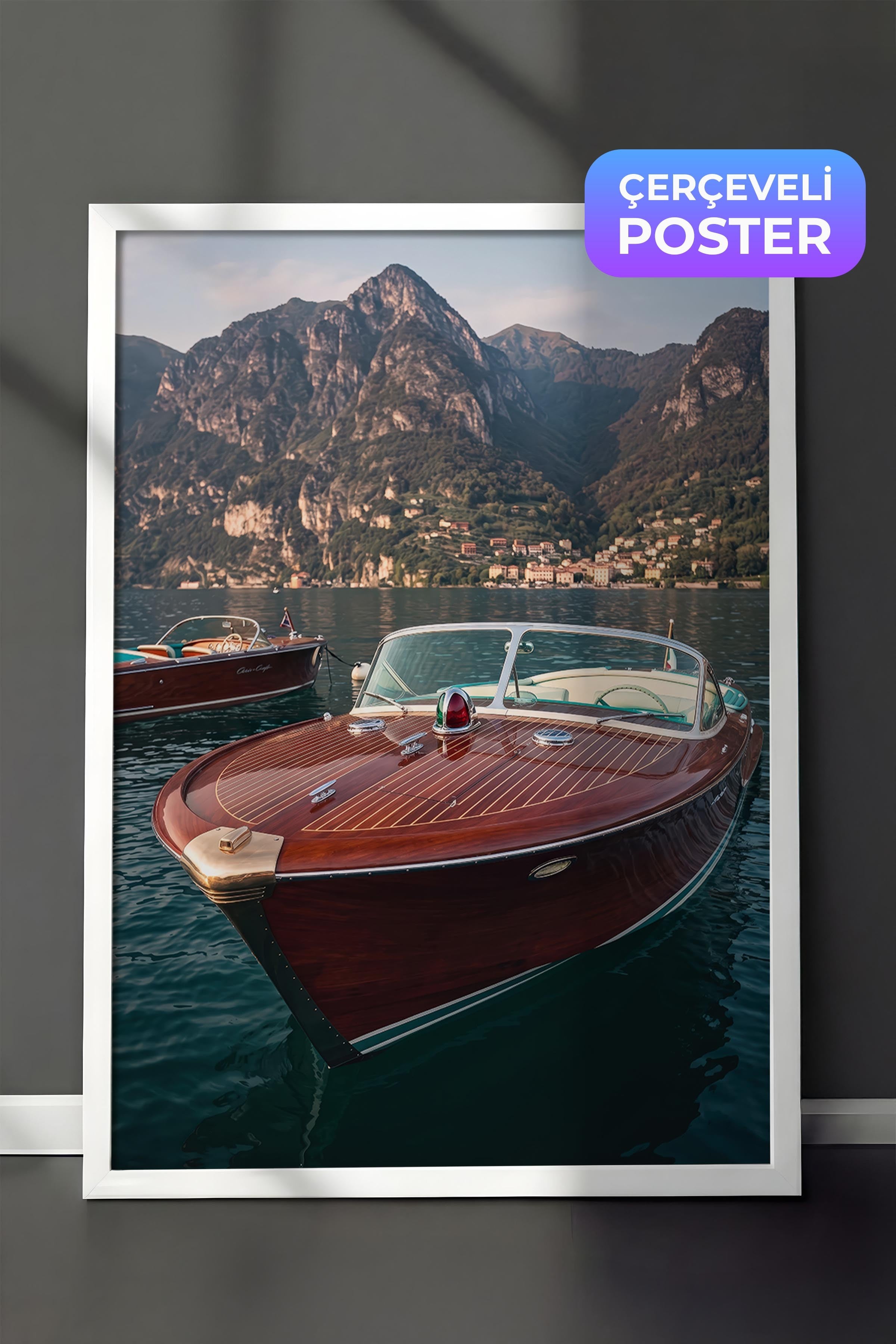 Gemi ve Dağ Manzarası Posteri, Beyaz Çerçeveli Poster, Old Money Serisi, NO:113172