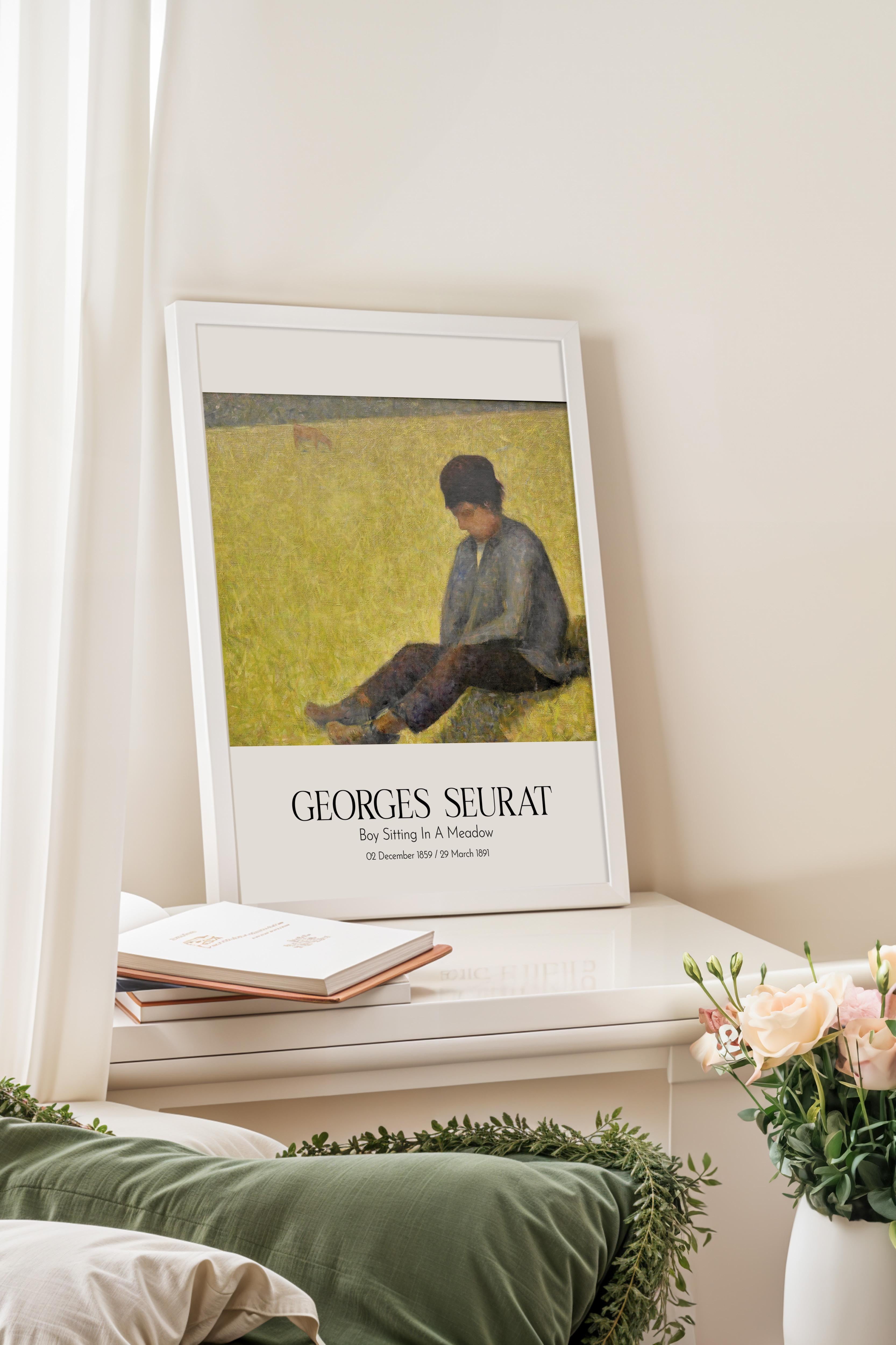 Georges Seurat - Boy Sitting In A Meadow, Beyaz Çerçeveli Tablo, Sanat Serisi NO:111903