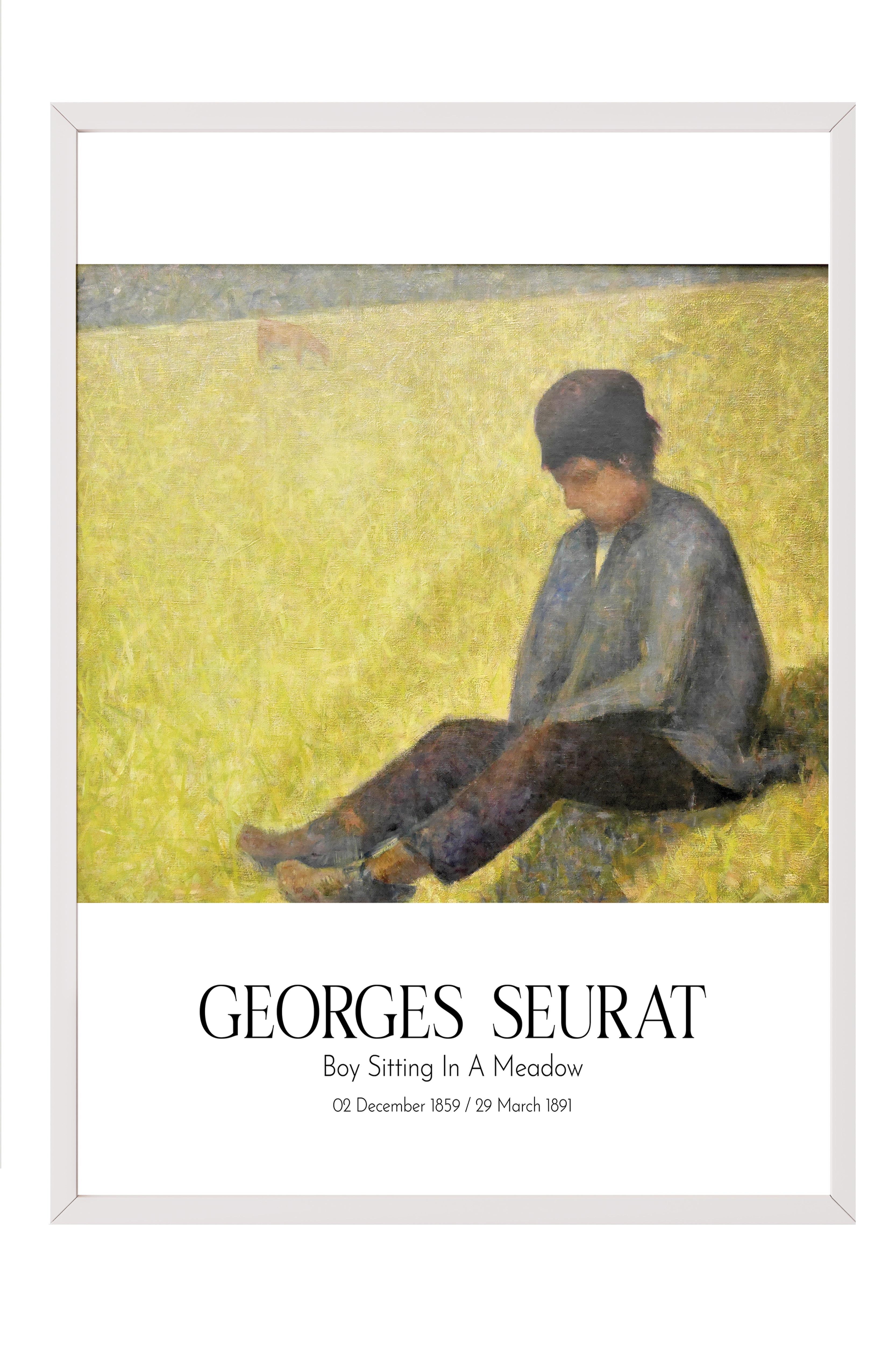 Georges Seurat - Boy Sitting In A Meadow, Beyaz Çerçeveli Tablo, Sanat Serisi NO:111903
