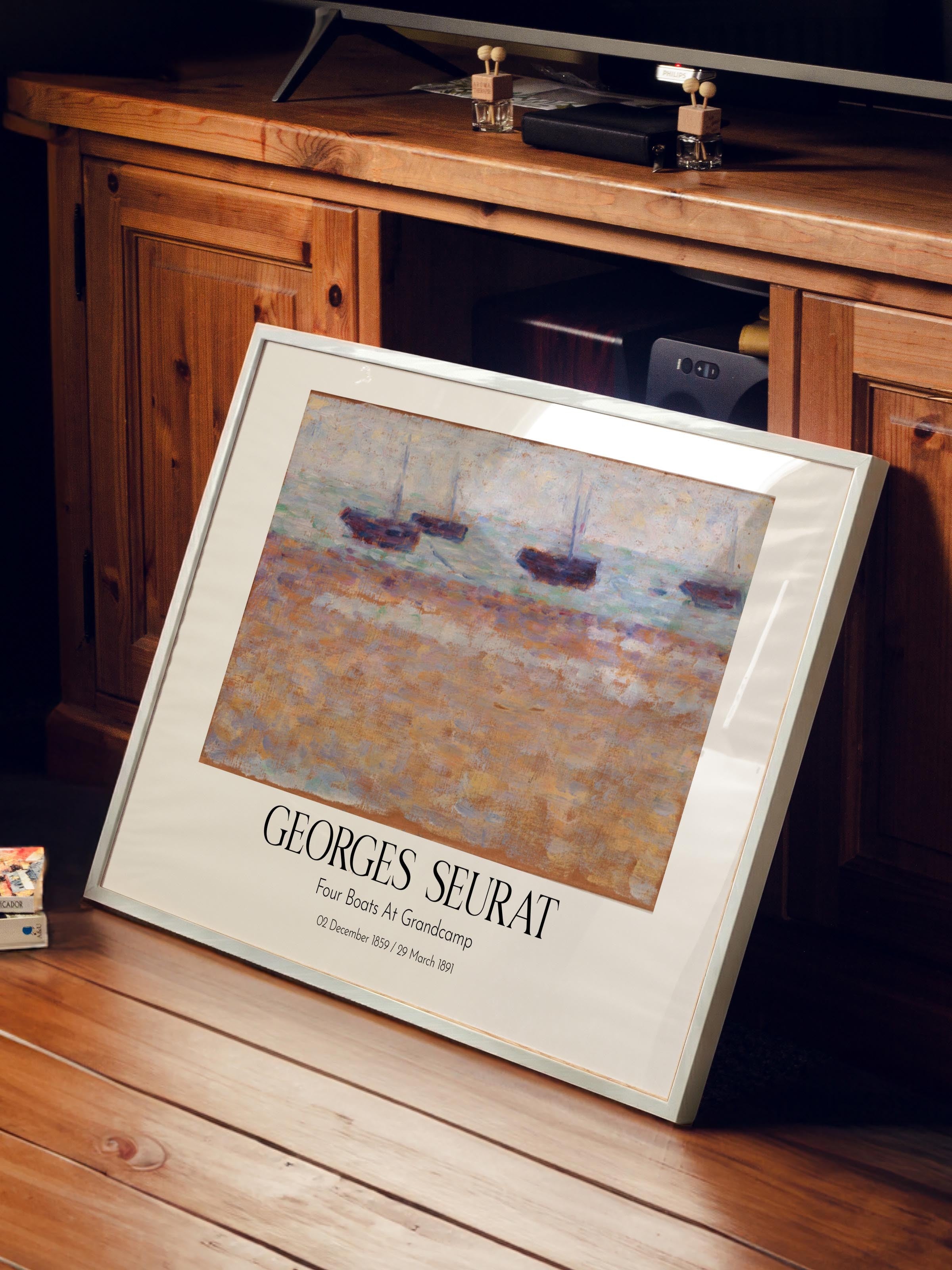 Georges Seurat - Four Boats At Grandcamp, Beyaz Çerçeveli Tablo, Sanat Serisi NO:111930