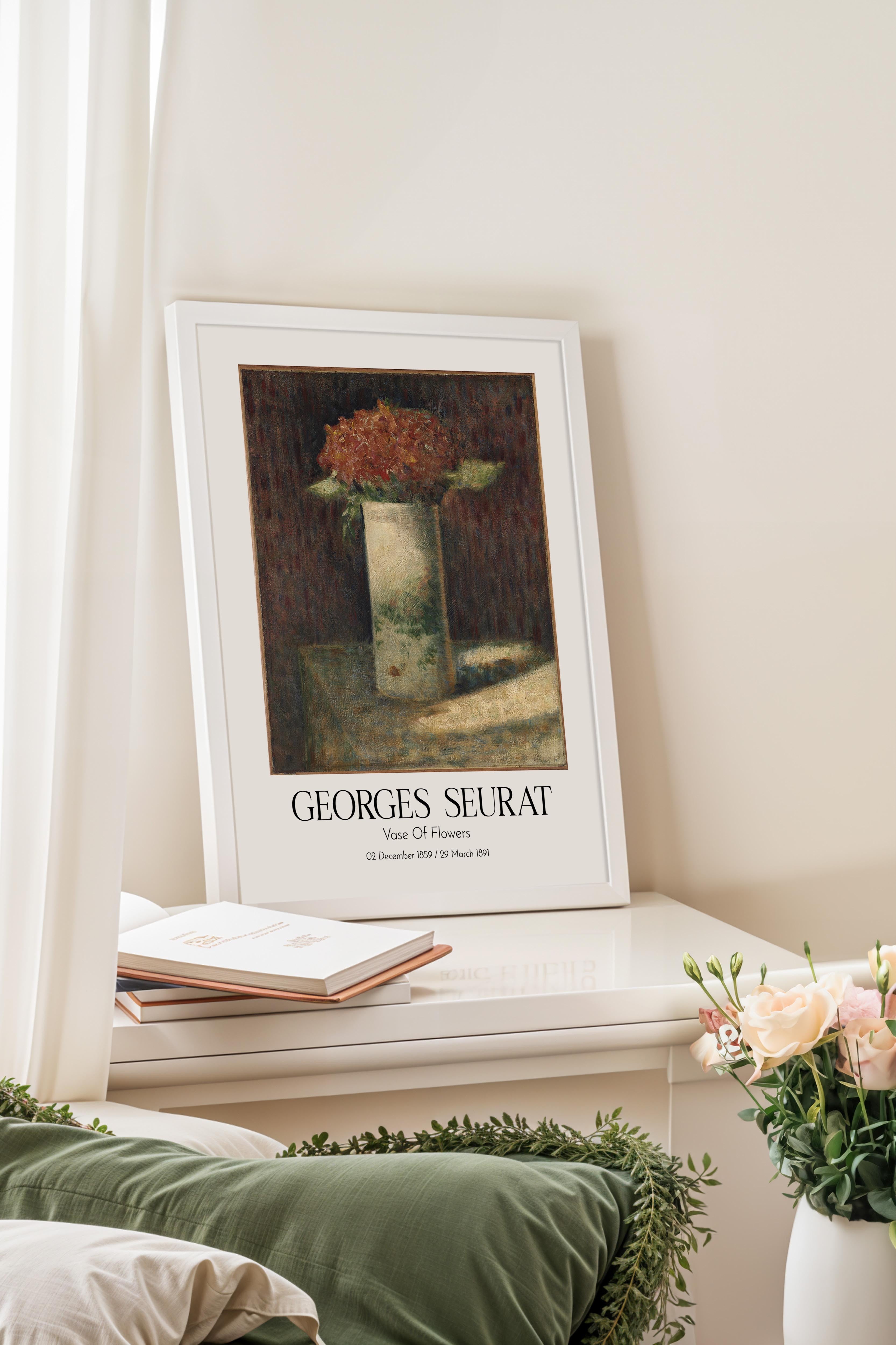 Georges Seurat - Vase Of Flowers, Beyaz Çerçeveli Tablo, Sanat Serisi NO:111921
