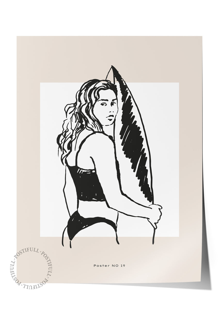 Kadın ve Sörf Tahtası Çizimi Minimalist Yaz Çerçevesiz Poster