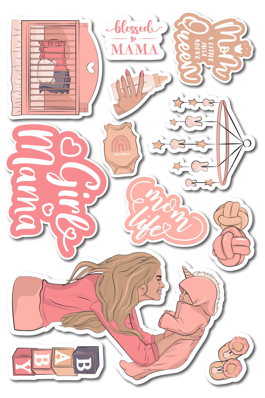 Kız Annesi Temalı Sticker ve Etiket Seti - Cinsiyet Partisi, Baby Shower Sticker Seti - Pembe