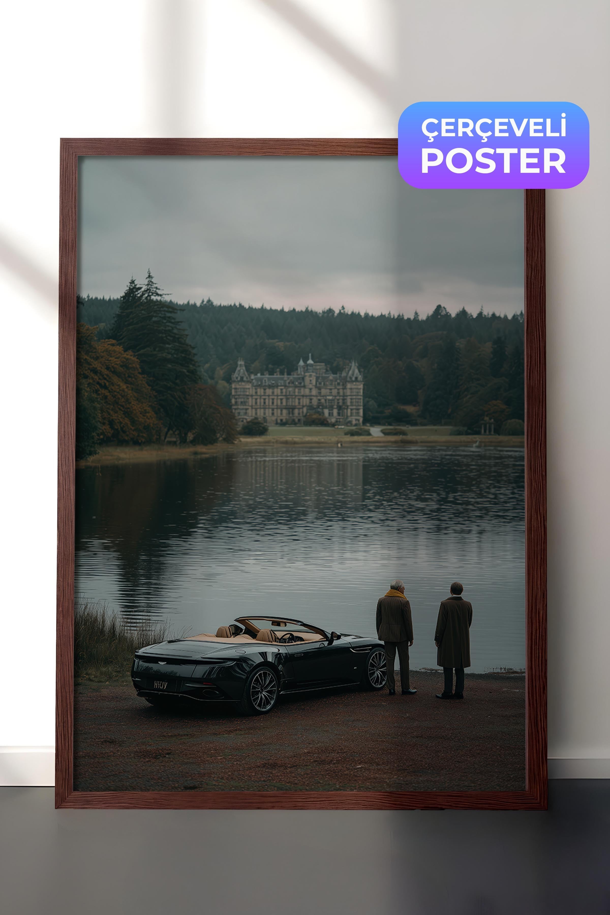 Göl Kenarında Araba Posteri, Kahverengi Çerçeveli Poster, Old Money Serisi, NO:113239