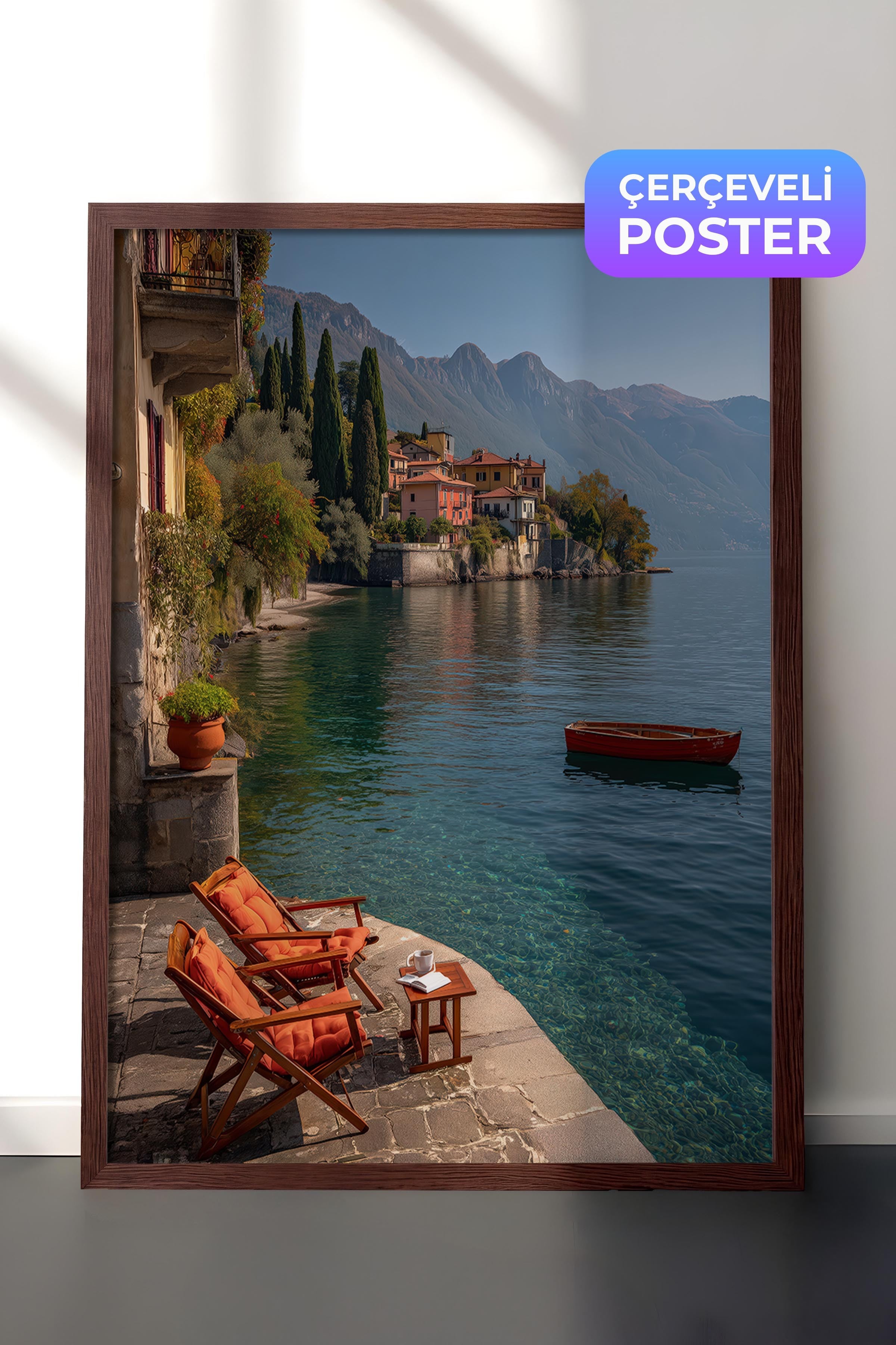 Göl Manzarası Posteri, Kahverengi Çerçeveli Poster, Old Money Serisi, NO:113228