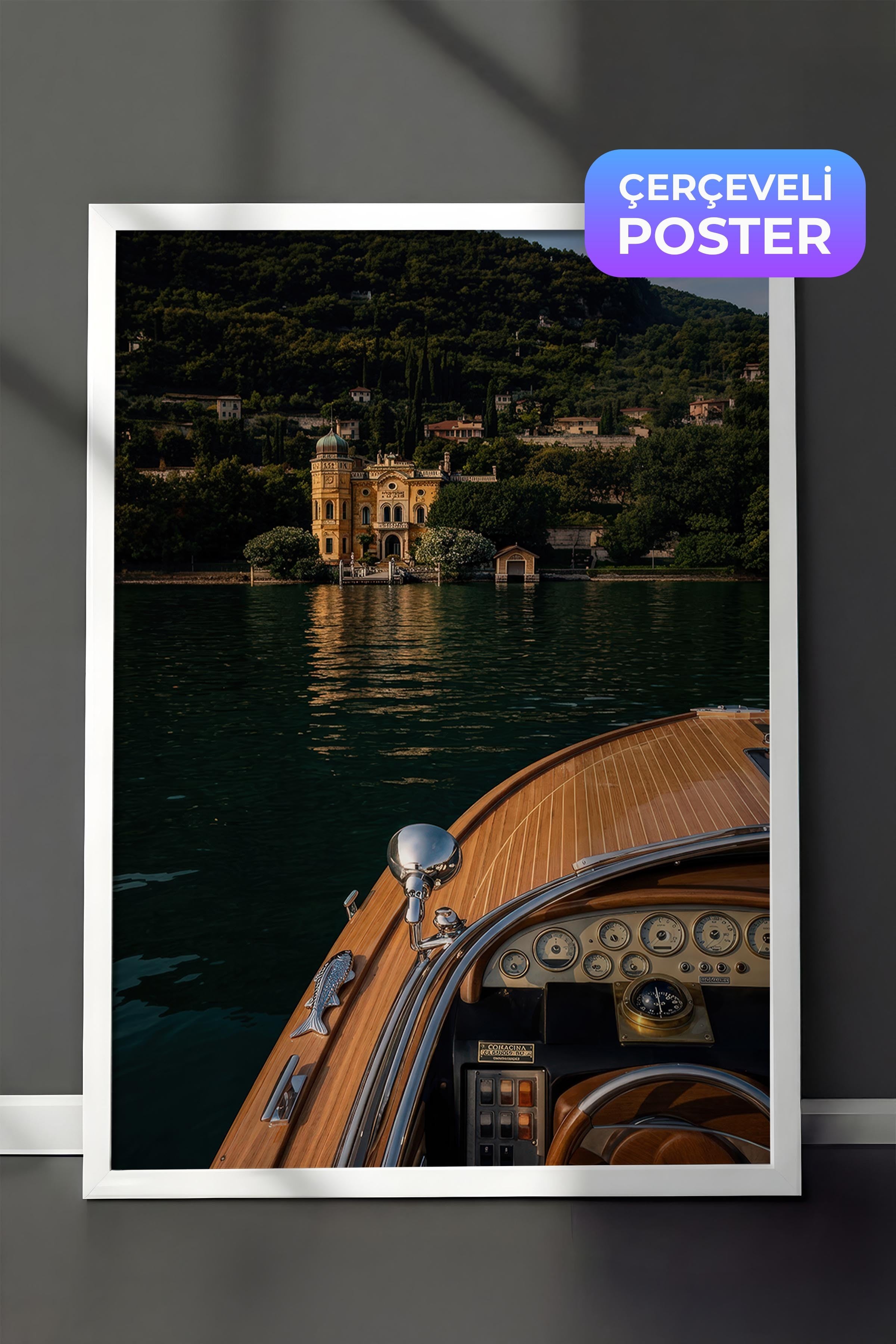 Göl ve Tekne Manzarası Posteri, Beyaz Çerçeveli Poster, Old Money Serisi, NO:113144