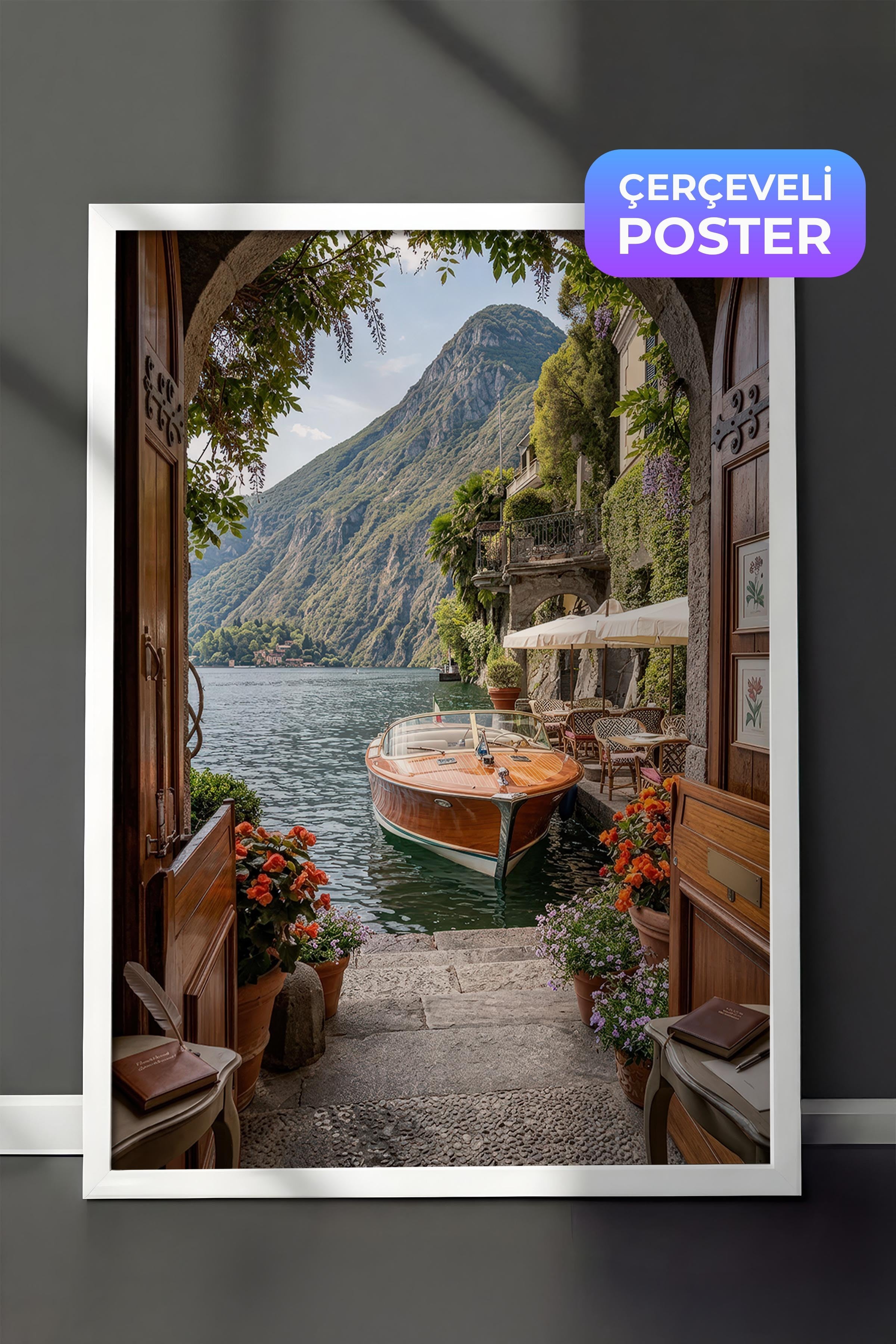 Göl ve Tekne Posteri, Beyaz Çerçeveli Poster, Old Money Serisi, NO:113160