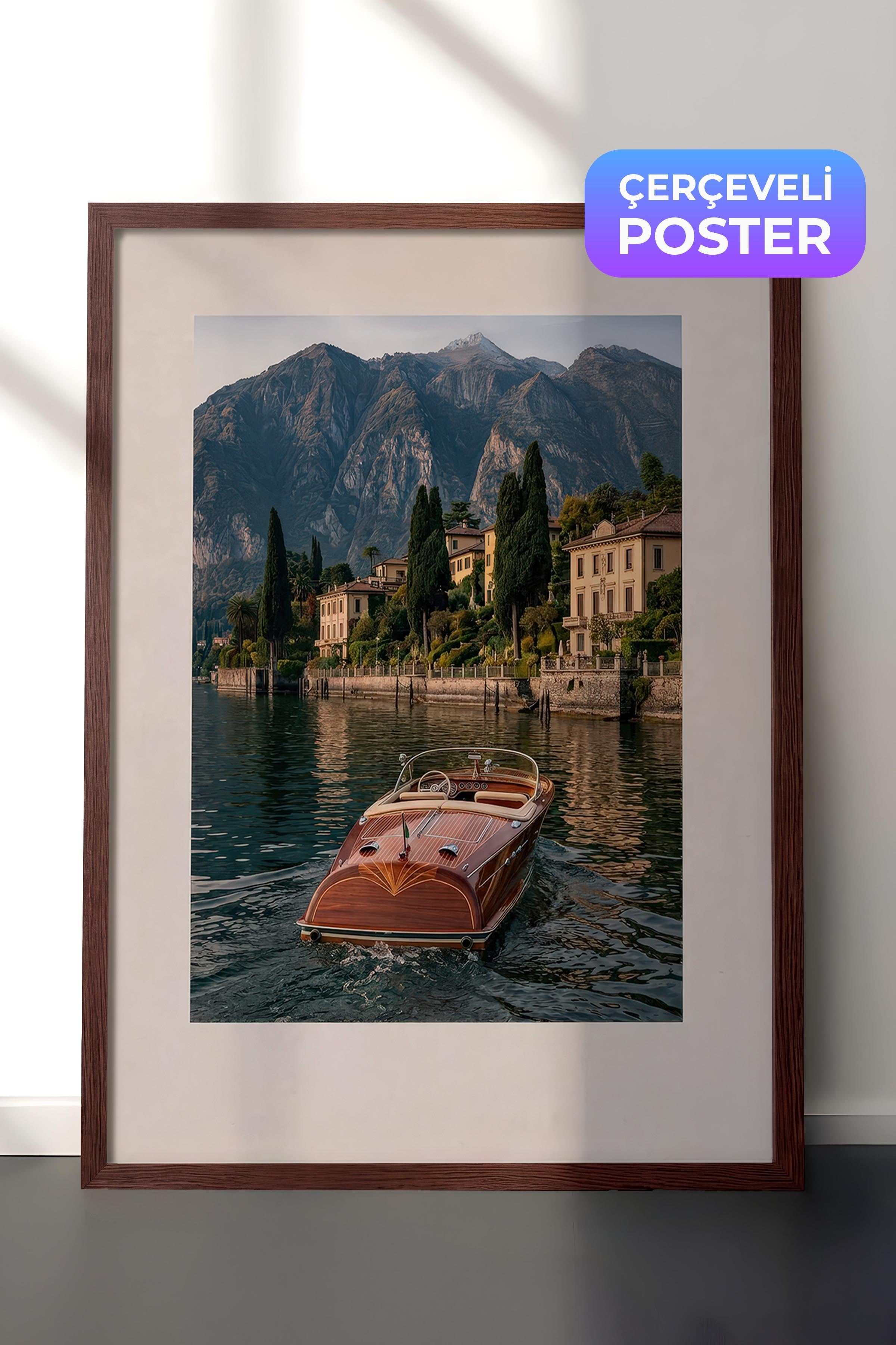Göl ve Tekne Posteri, Kahverengi Çerçeveli Poster, Old Money Serisi, NO:113149