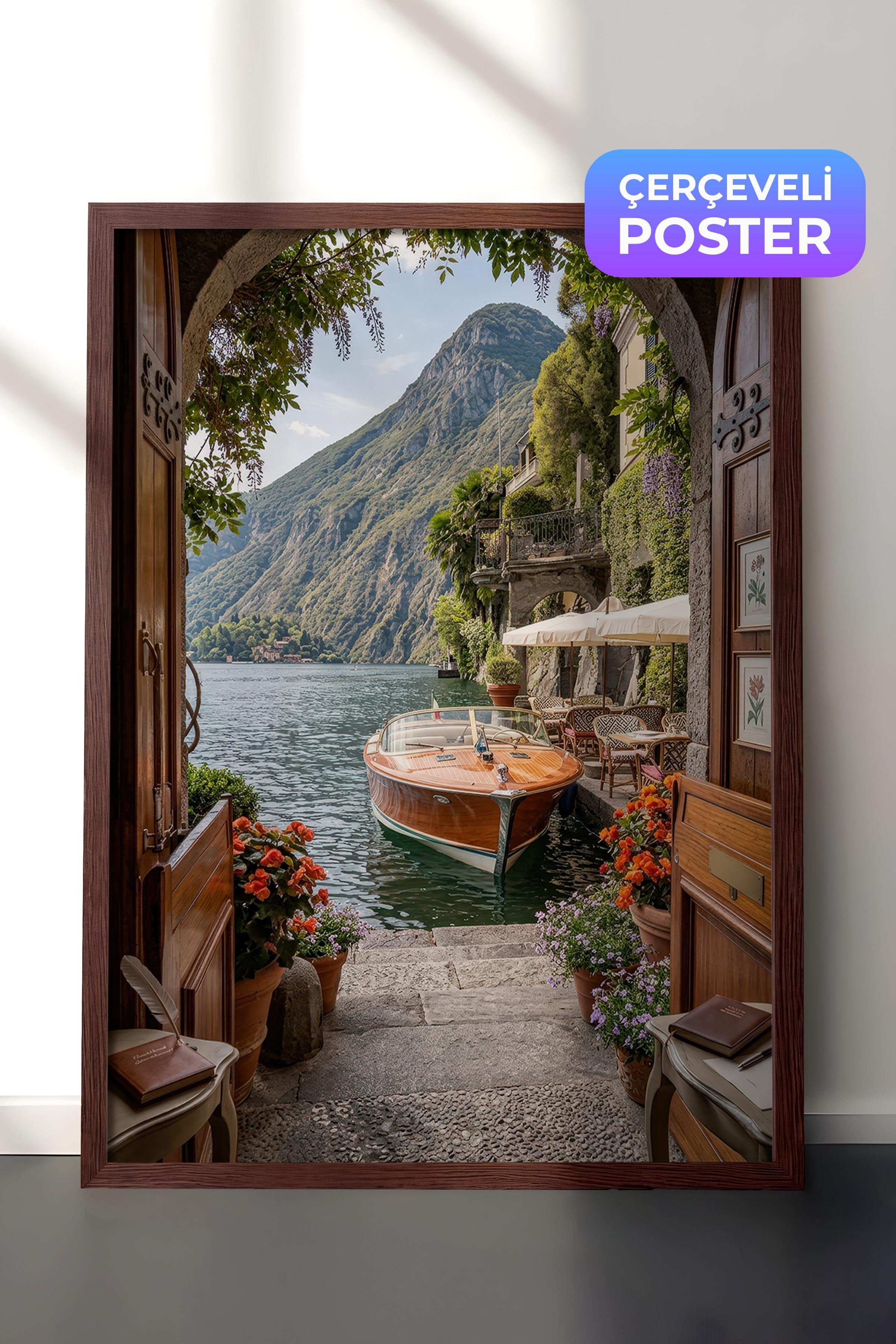 Göl ve Tekne Posteri, Kahverengi Çerçeveli Poster, Old Money Serisi, NO:113160