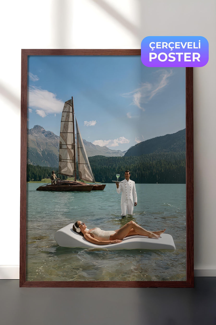 Sakin Göl Manzarasında Keyif Old Money Tasarımlar Poster – Kahverengi Çerçeveli Tablo