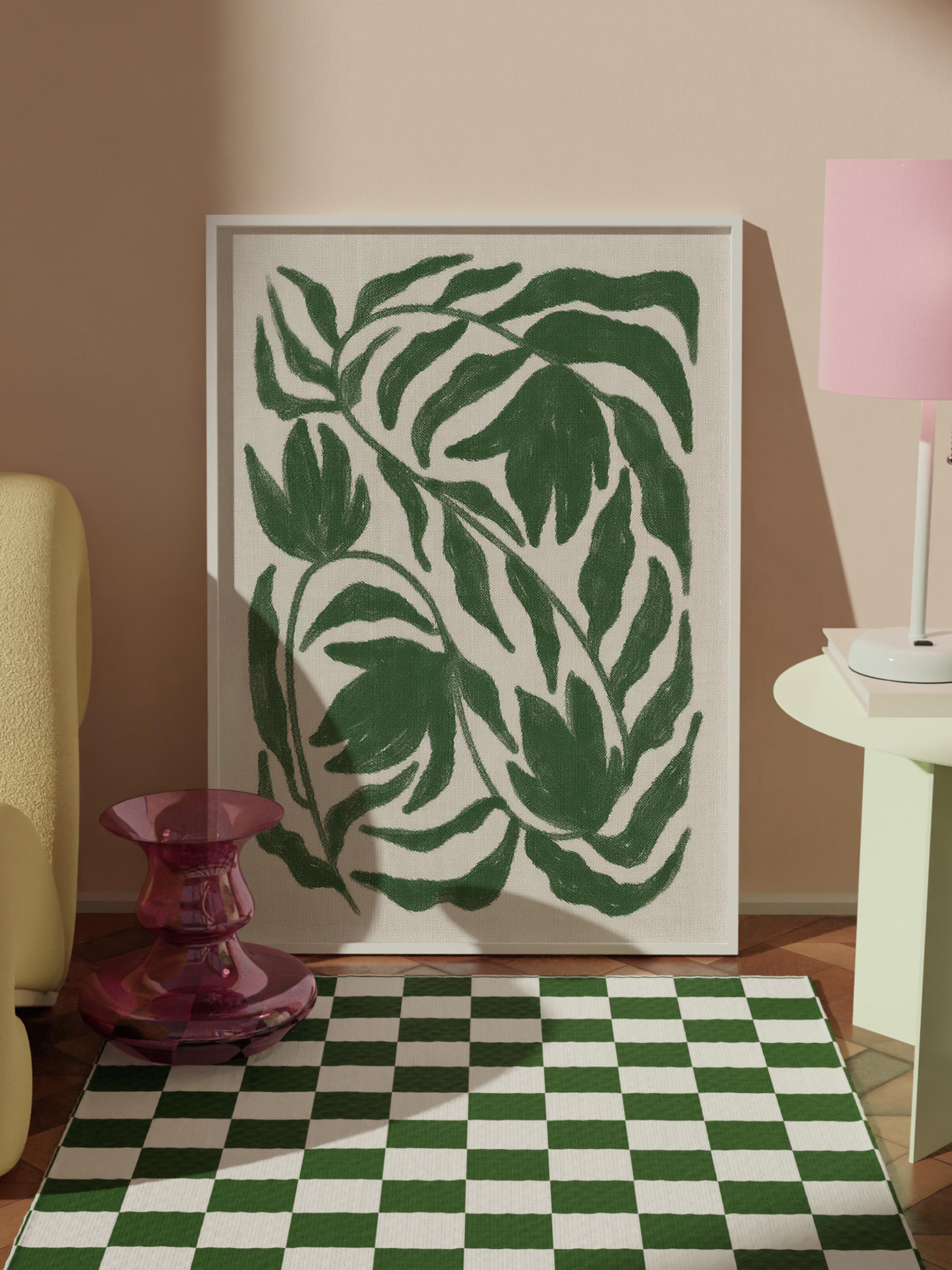 Green Botanical on Linen Beyaz Çerçeveli Tablo, Duvar Tablosu Comfort Serisi NO:108468