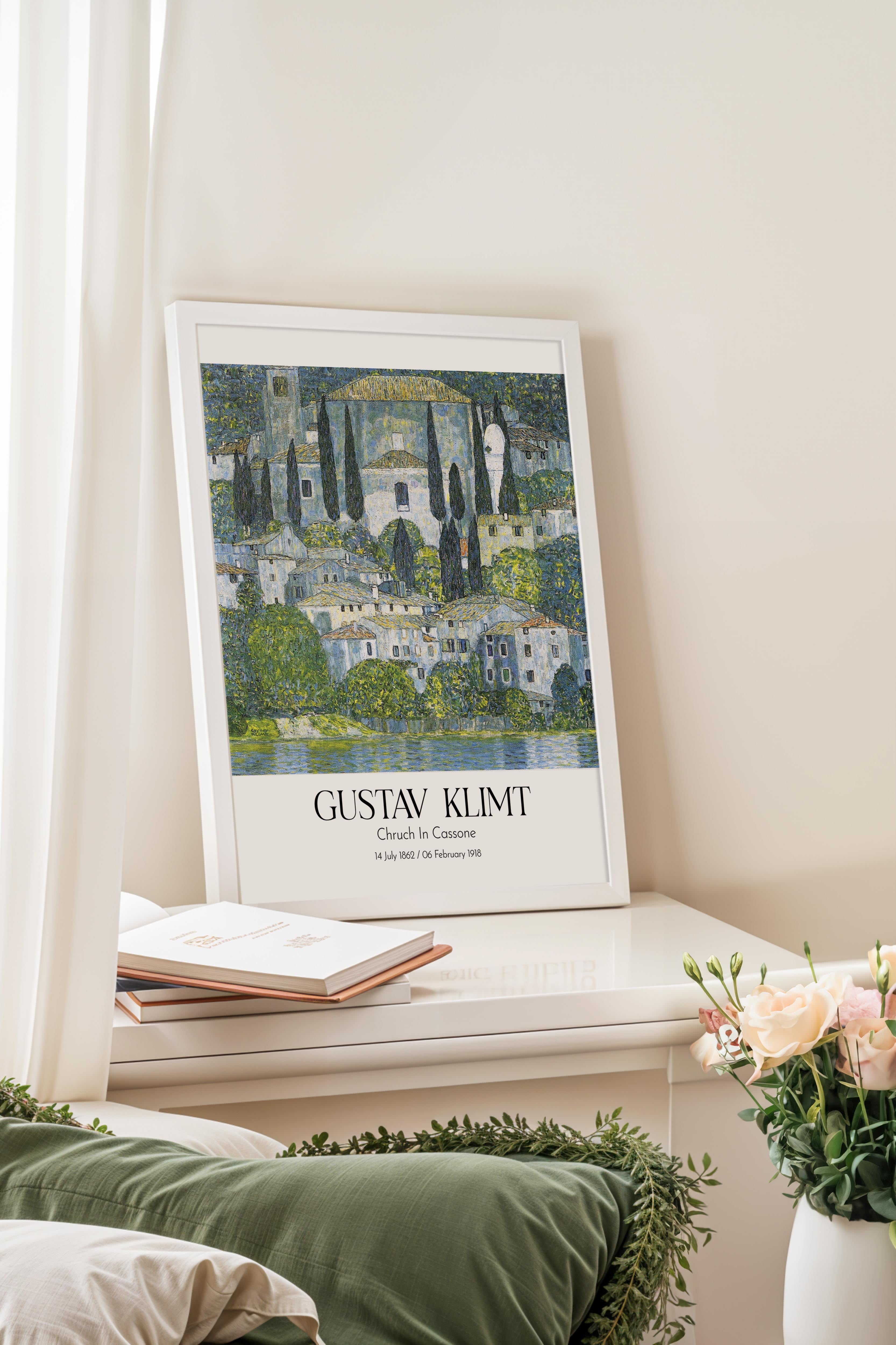 Gustav Klimt - Chruch In Cassone, Beyaz Çerçeveli Tablo, Sanat Serisi NO:111989