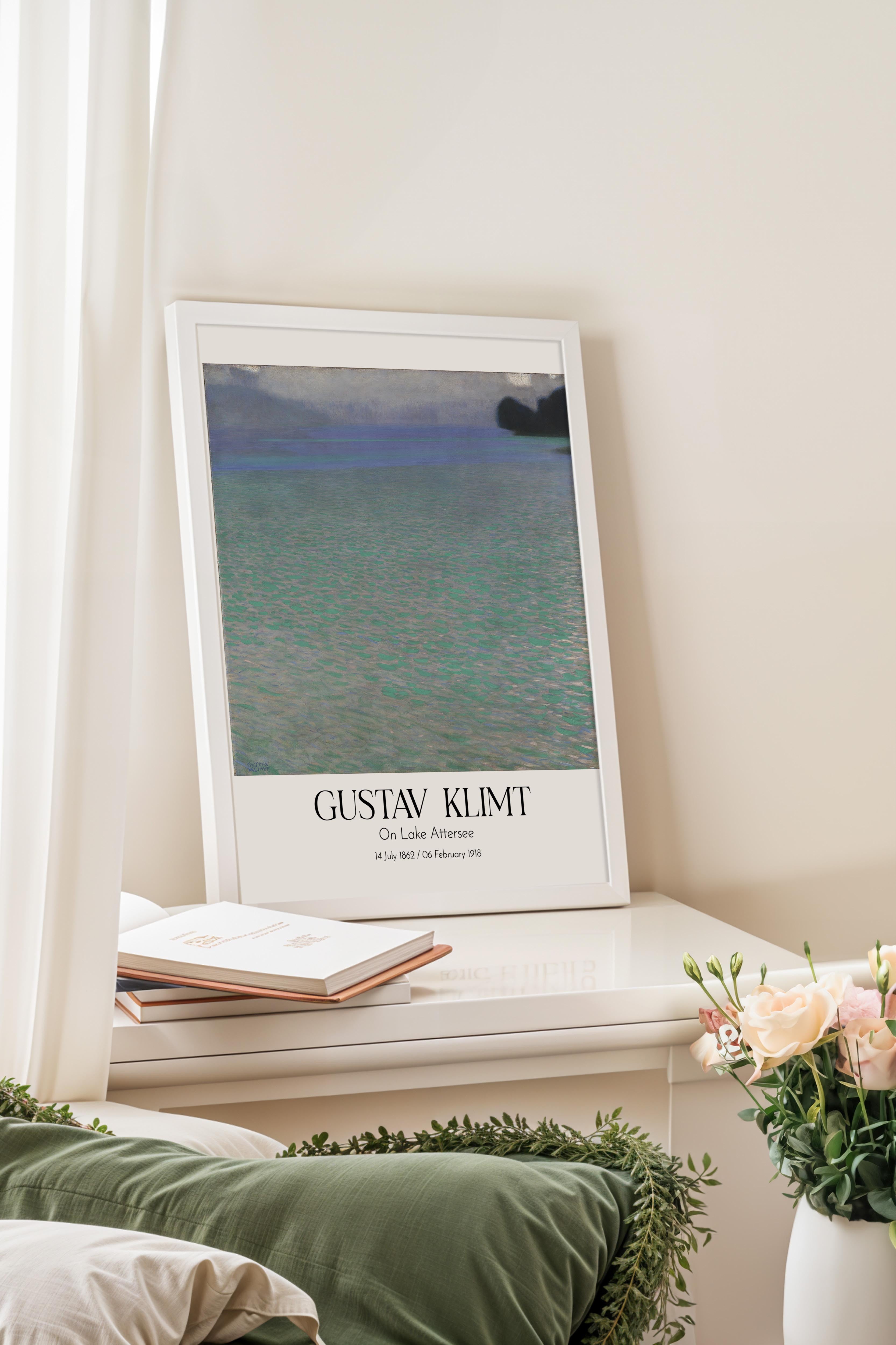 Gustav Klimt - On Lake Attersee, Beyaz Çerçeveli Tablo, Sanat Serisi NO:111980