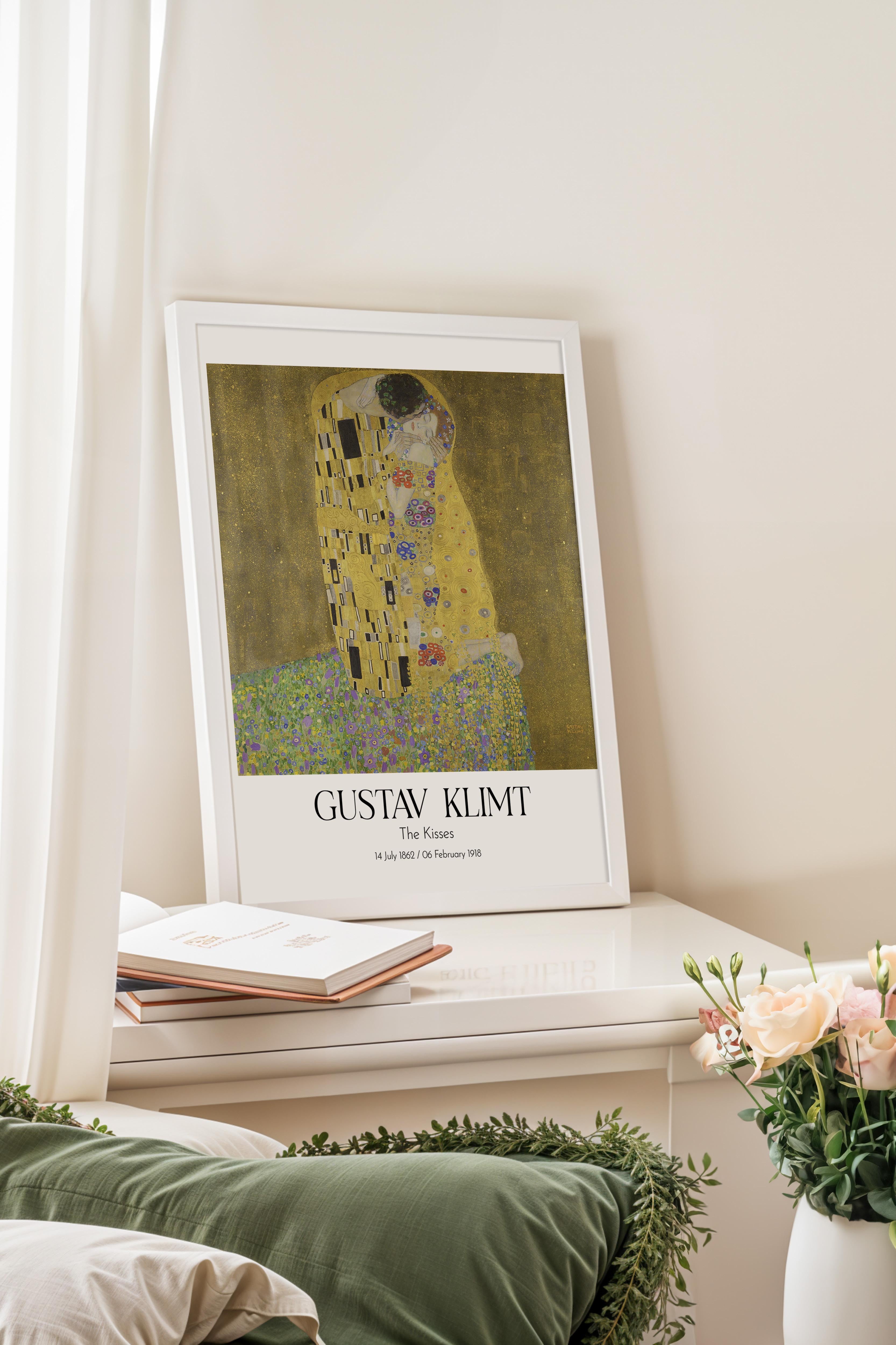 Gustav Klimt - The Kisses, Beyaz Çerçeveli Tablo, Sanat Serisi NO:112003