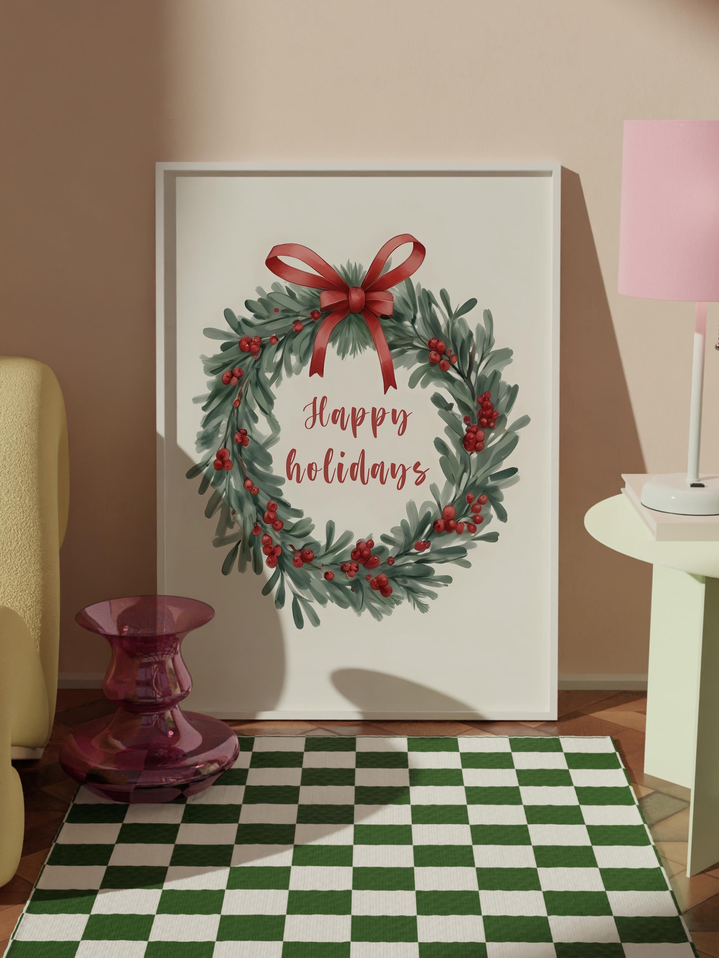 Happy Holidays Çerçeveli Yılbaşı Tablosu, Beyaz Çerçeve ve Poster Comfort Serisi NO:108516