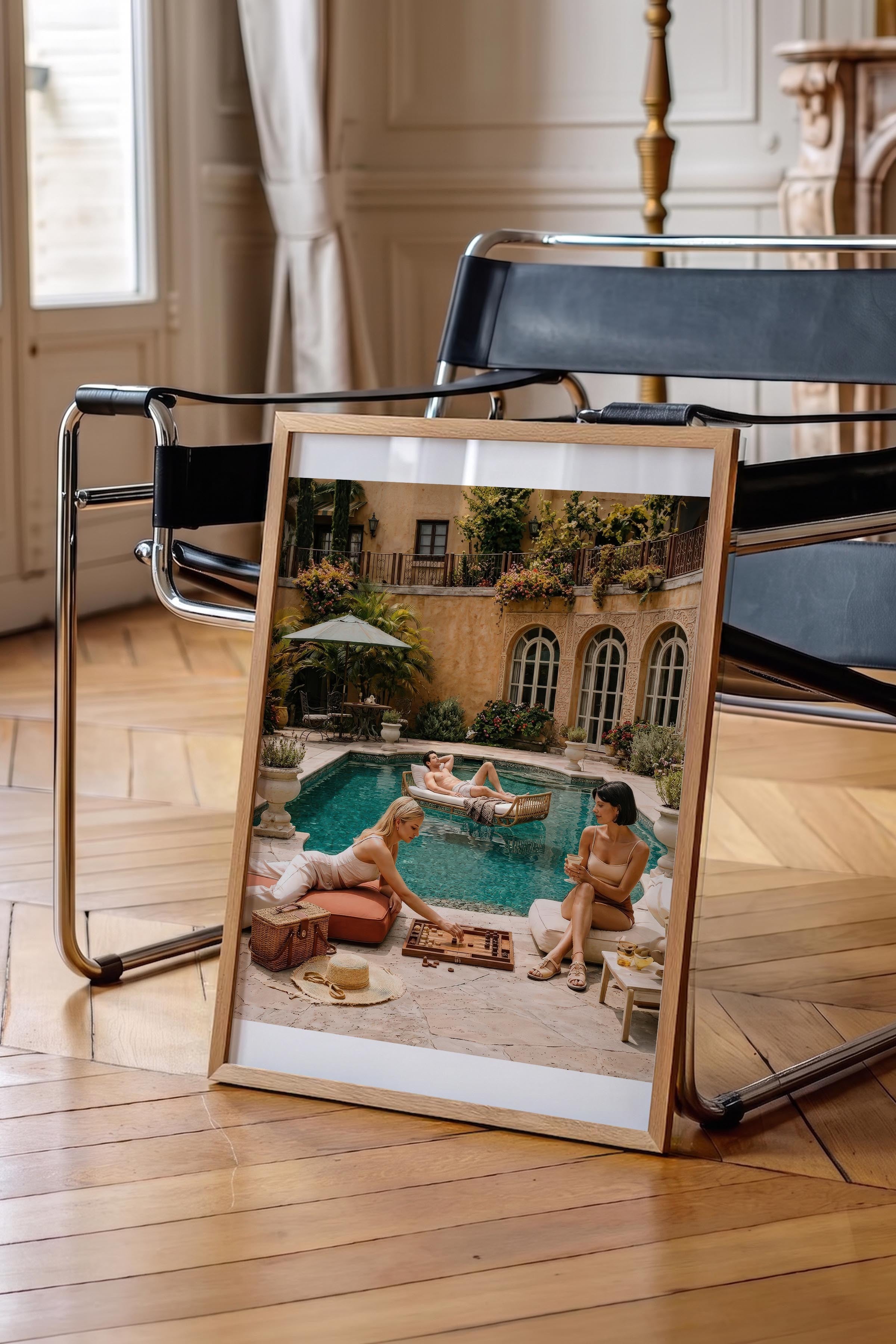 Havuz Başı Tatil Posteri, Ahşap Çerçeveli Poster, Old Money Serisi, NO:113198