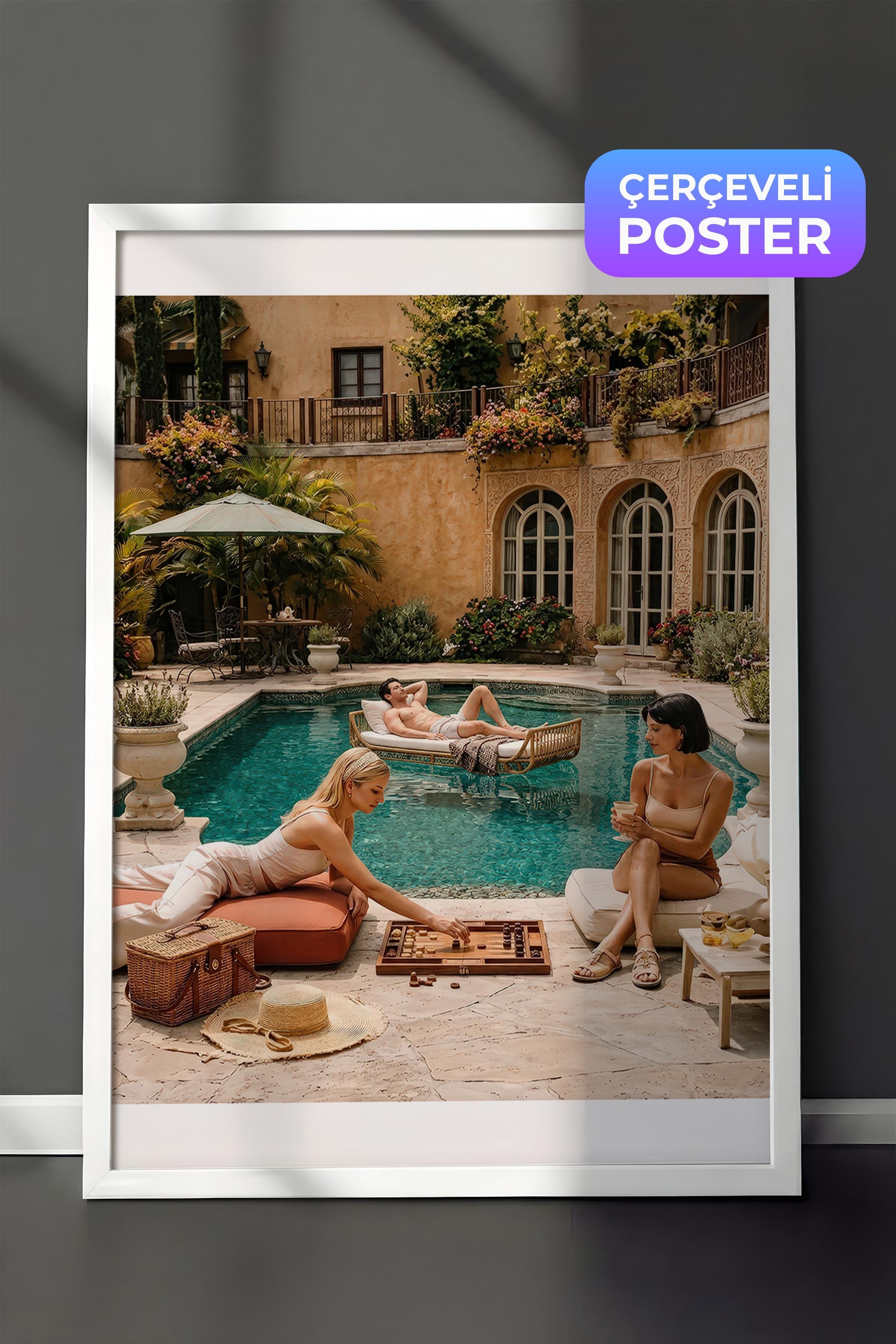 Havuz Kenarı Posteri, Beyaz Çerçeveli Poster, Old Money Serisi, NO:113199