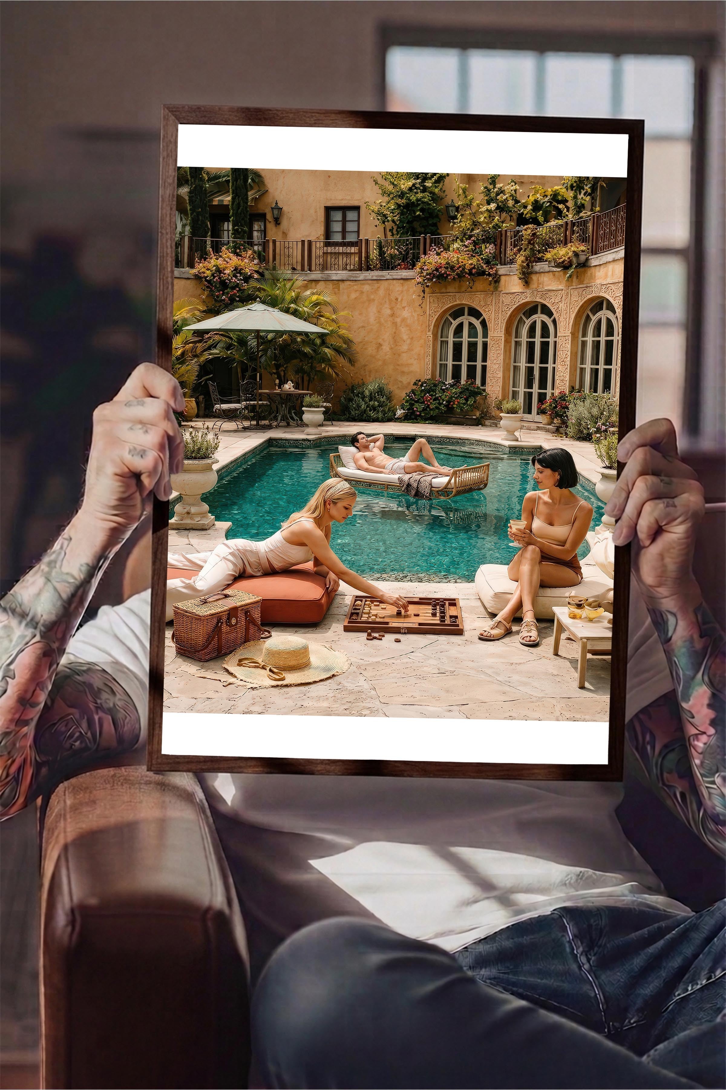 Havuz Kenarı Posteri, Kahverengi Çerçeveli Poster, Old Money Serisi, NO:113199