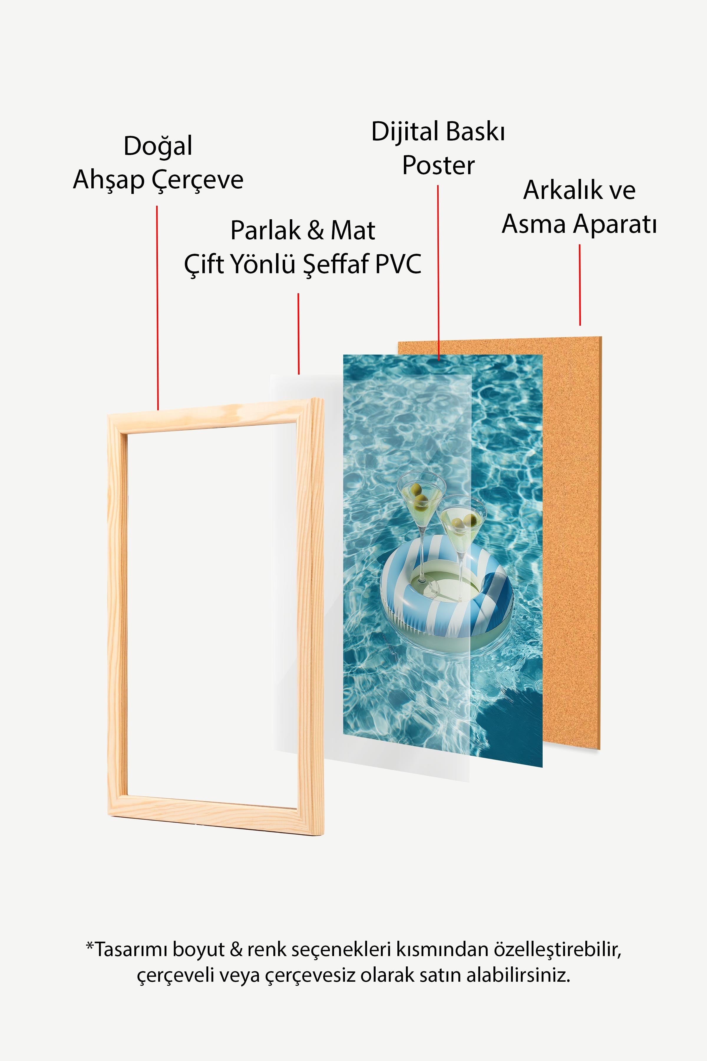 Havuz ve Martini Bardağı Posteri, Ahşap Çerçeveli Poster, Old Money Serisi, NO:113247
